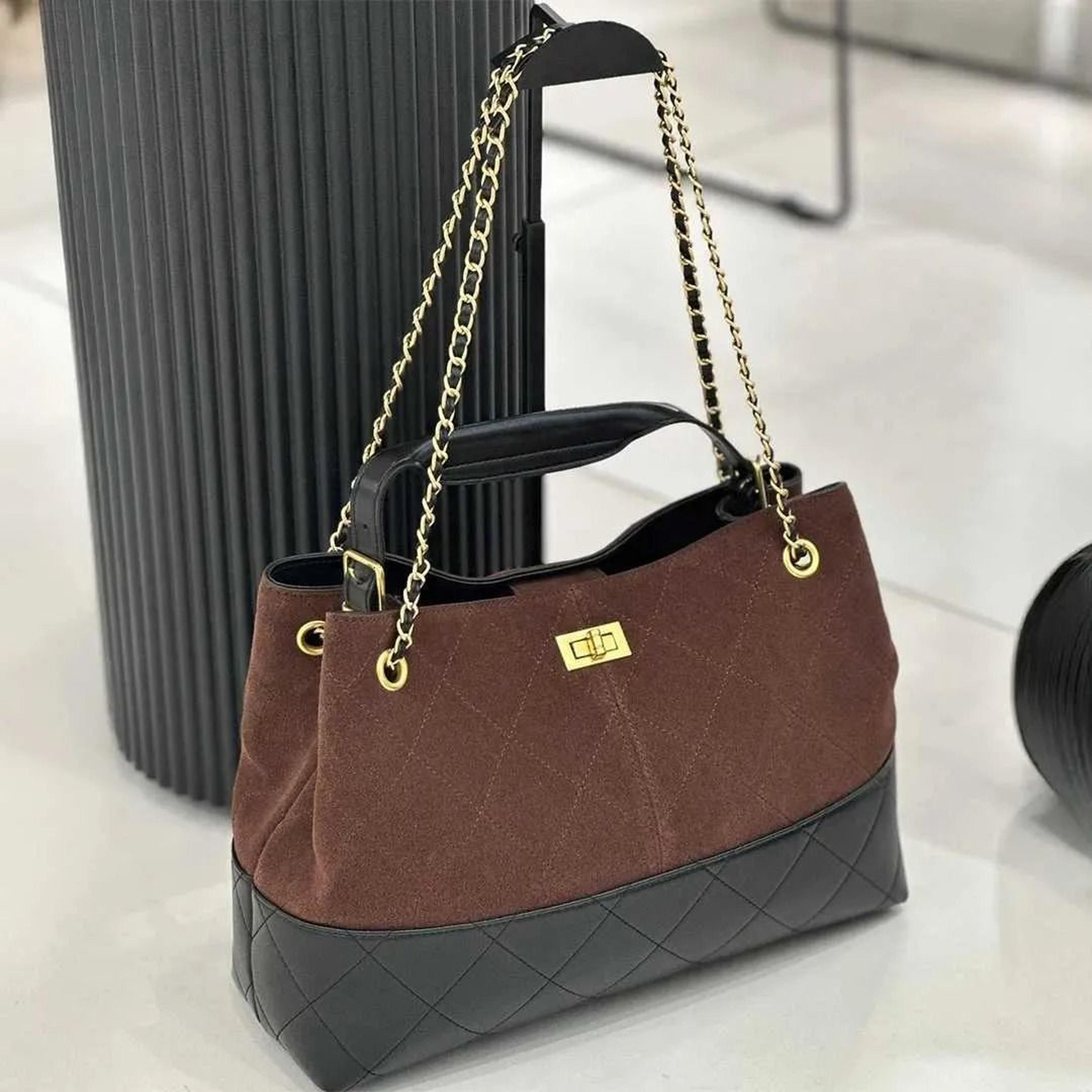 mendy suede genuine leather designer tote bag with chain strap