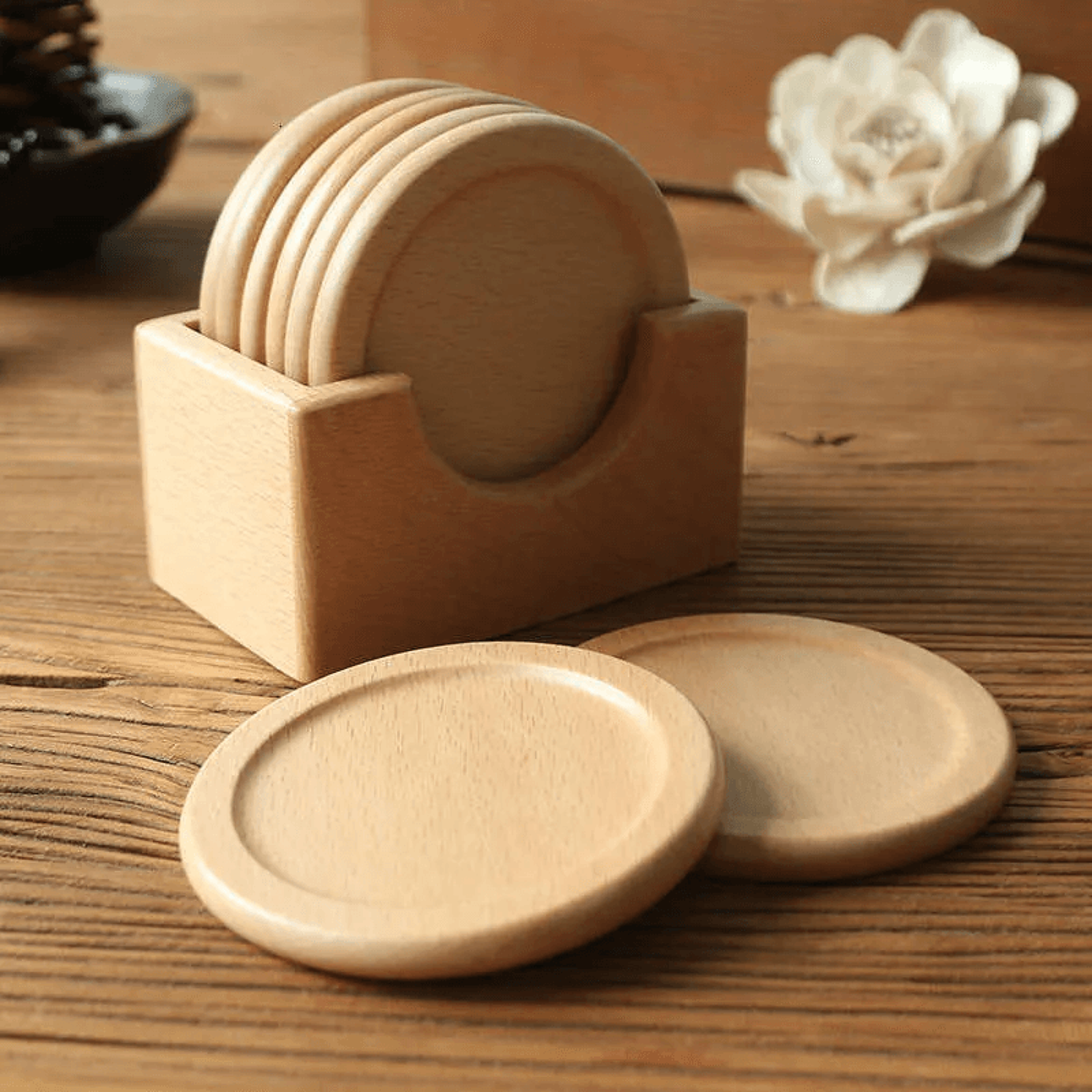 japanese style walnut wooden coaster set with engraved logo