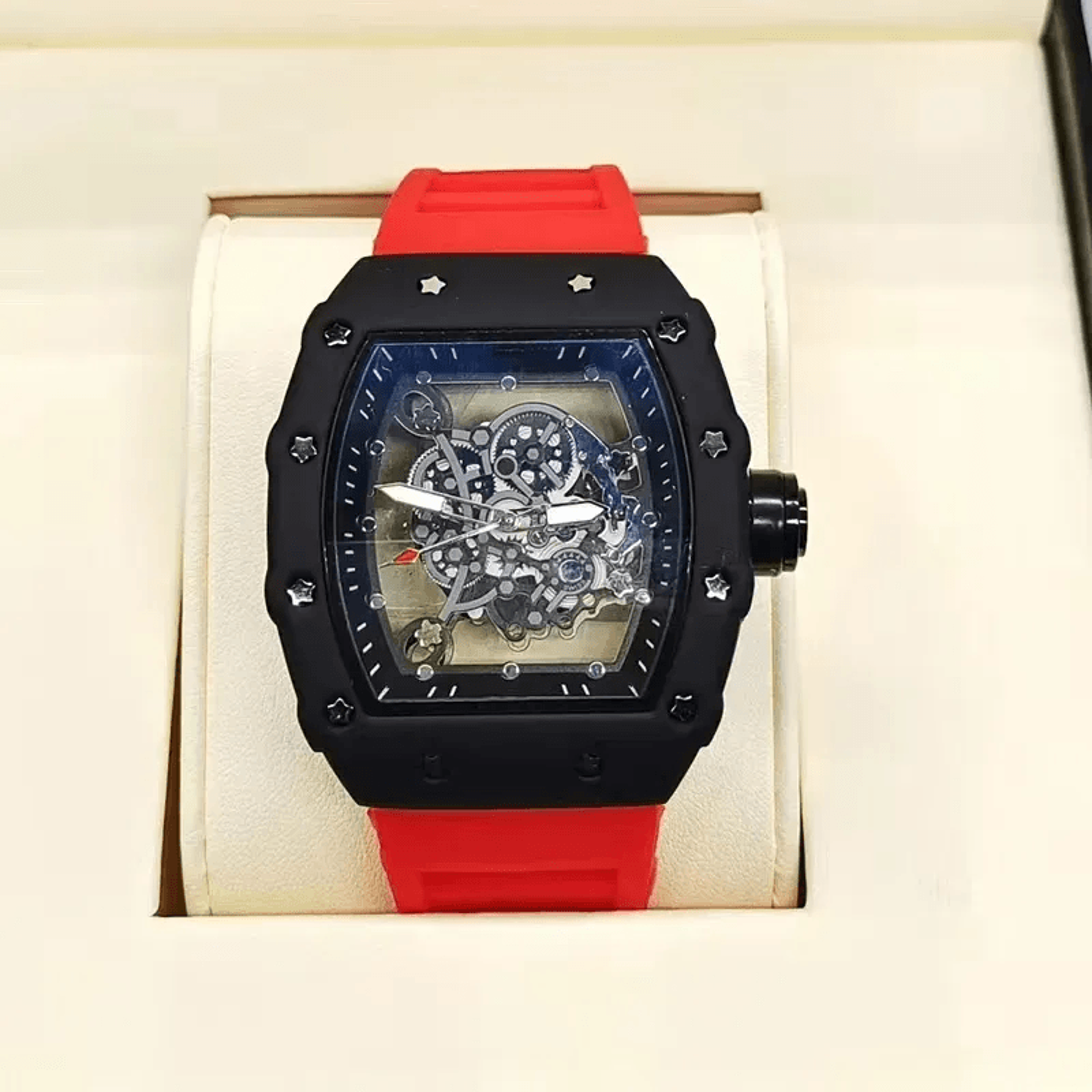 luxury men's skeleton military quartz watch with analog date display