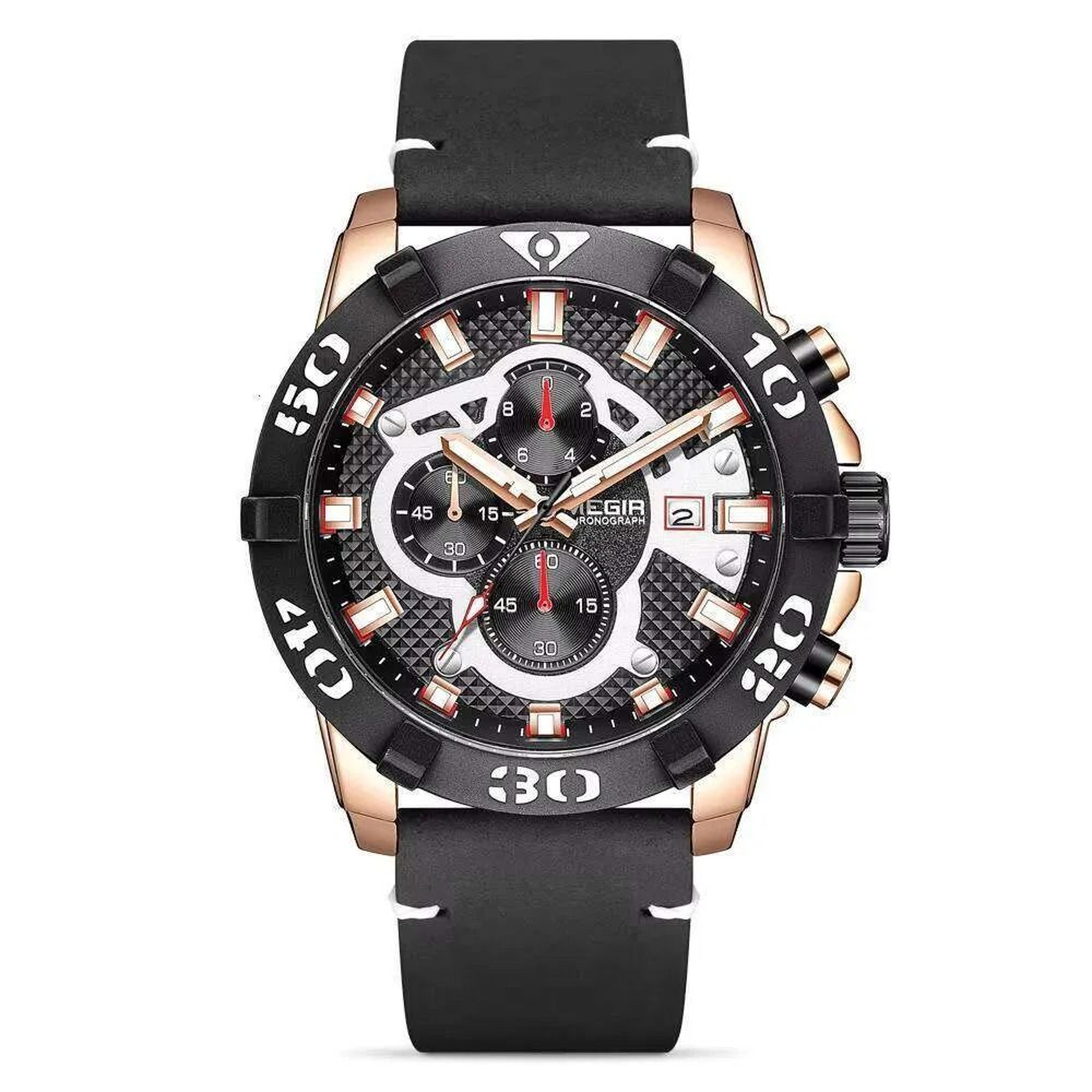 large dial leather chronograph quartz sports watch for men