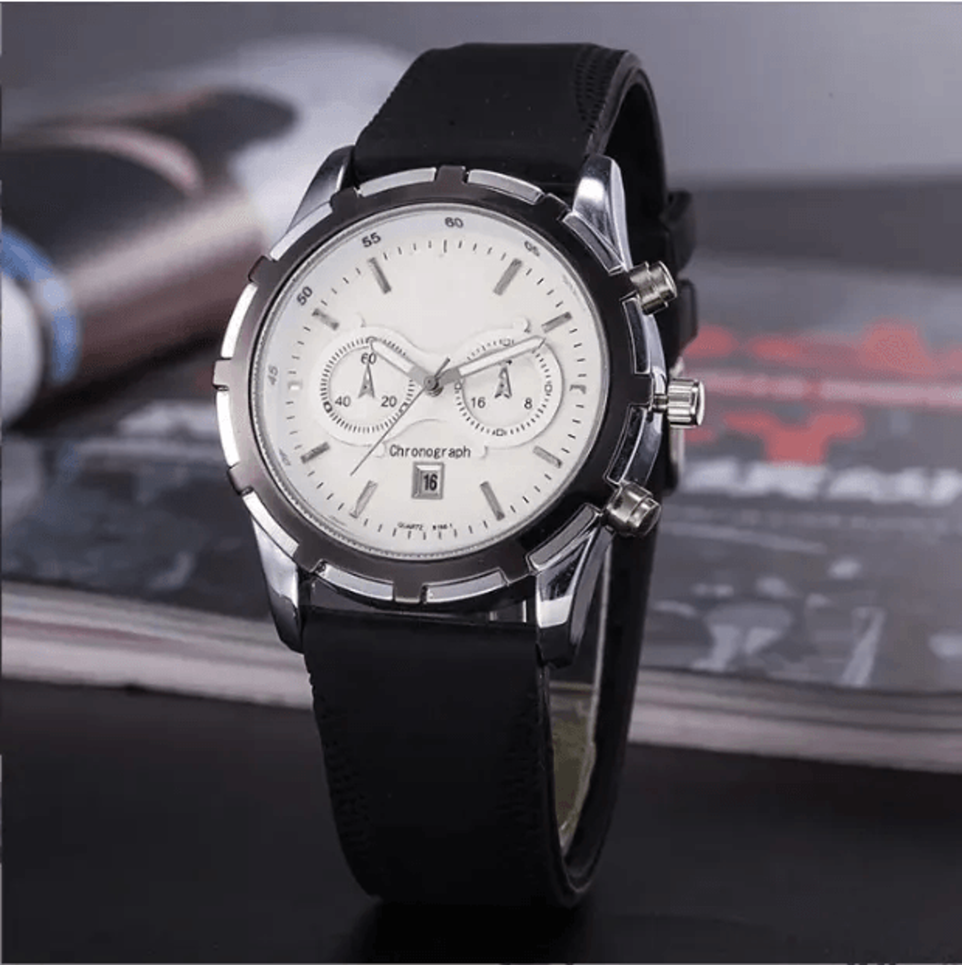 elegant men quartz watch with calendar and rubber strap