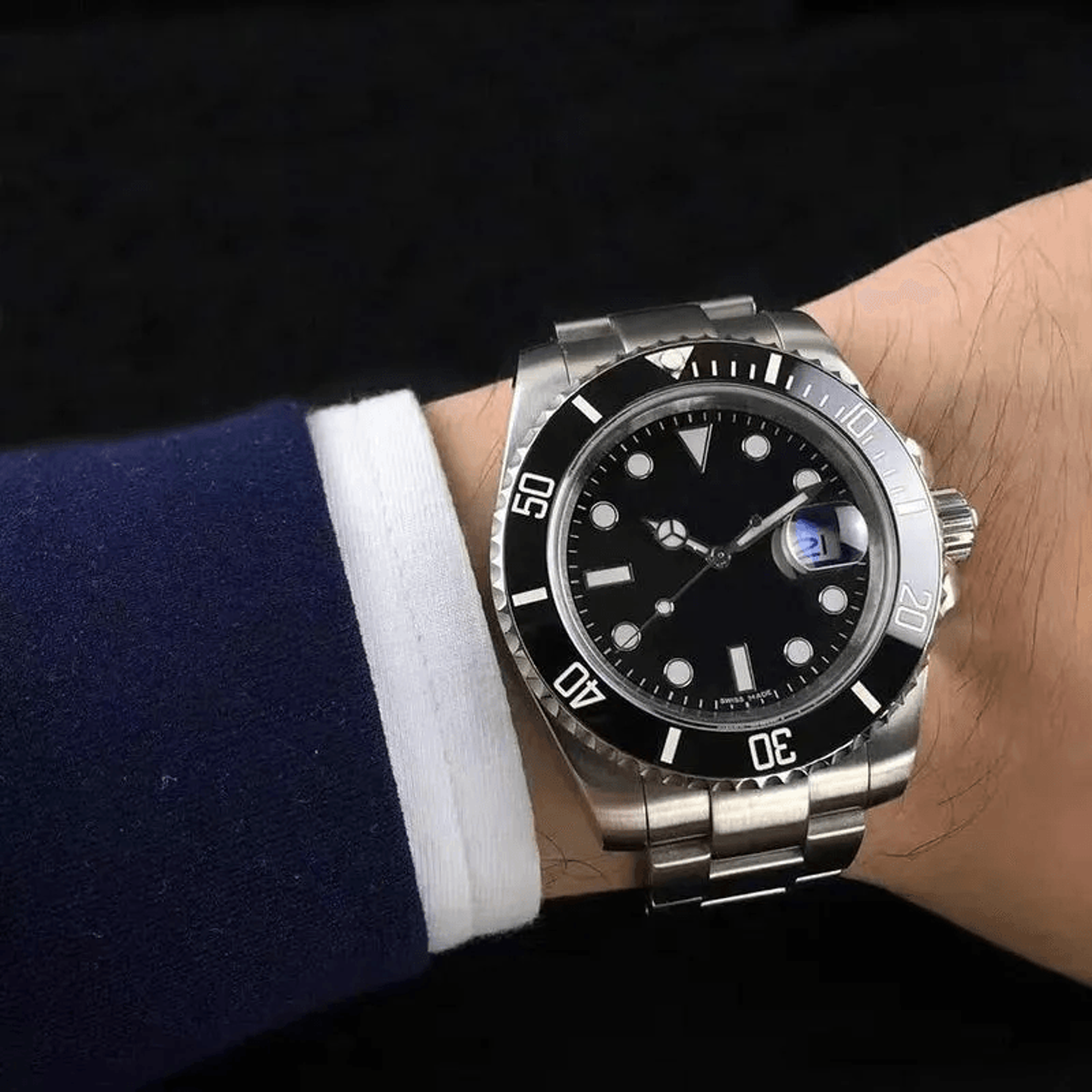 green dial automatic mechanical watch with ceramic bezel stainless steel bracelet