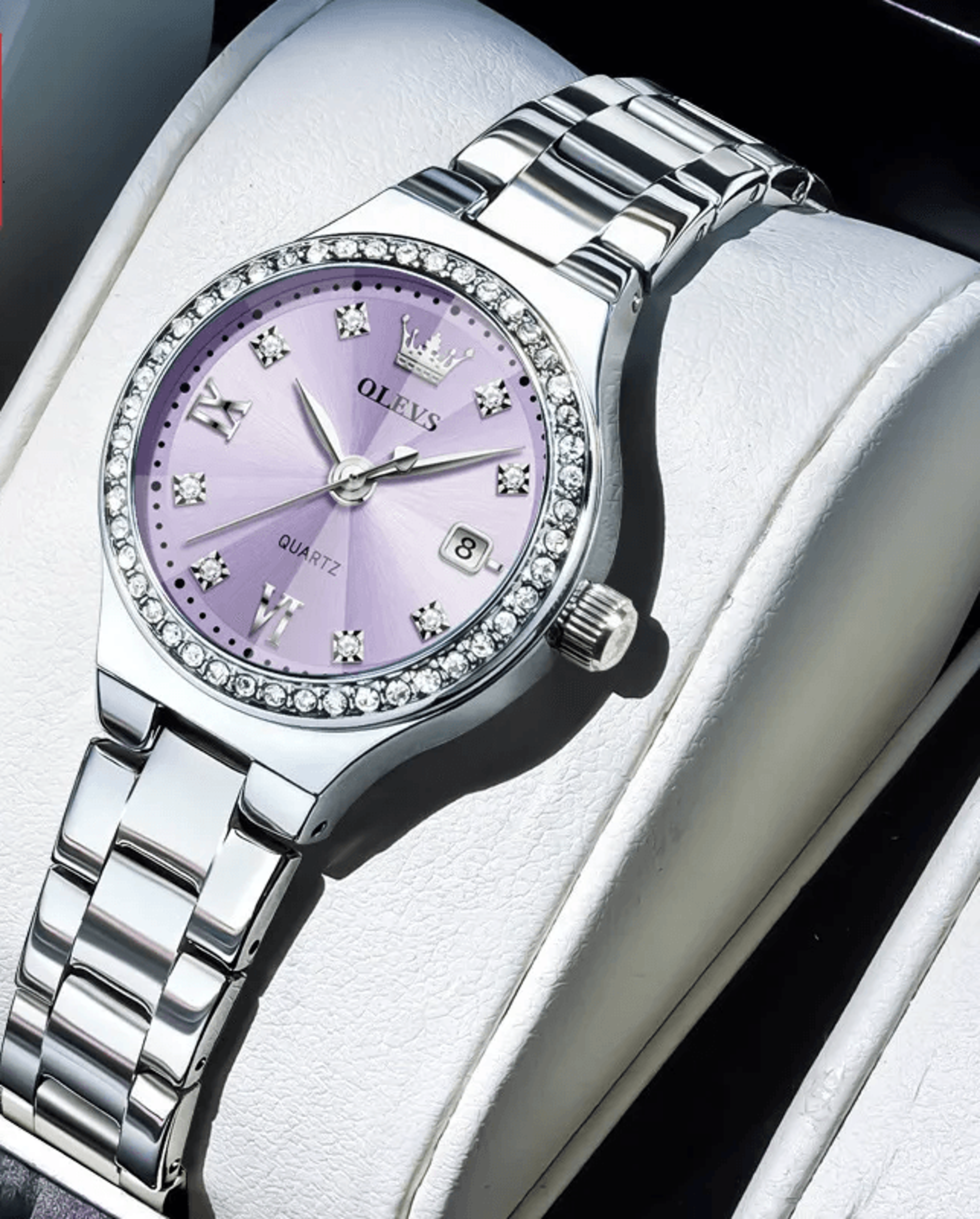 elegant womens quartz watch pink dial gemstone stainless steel waterproof watch