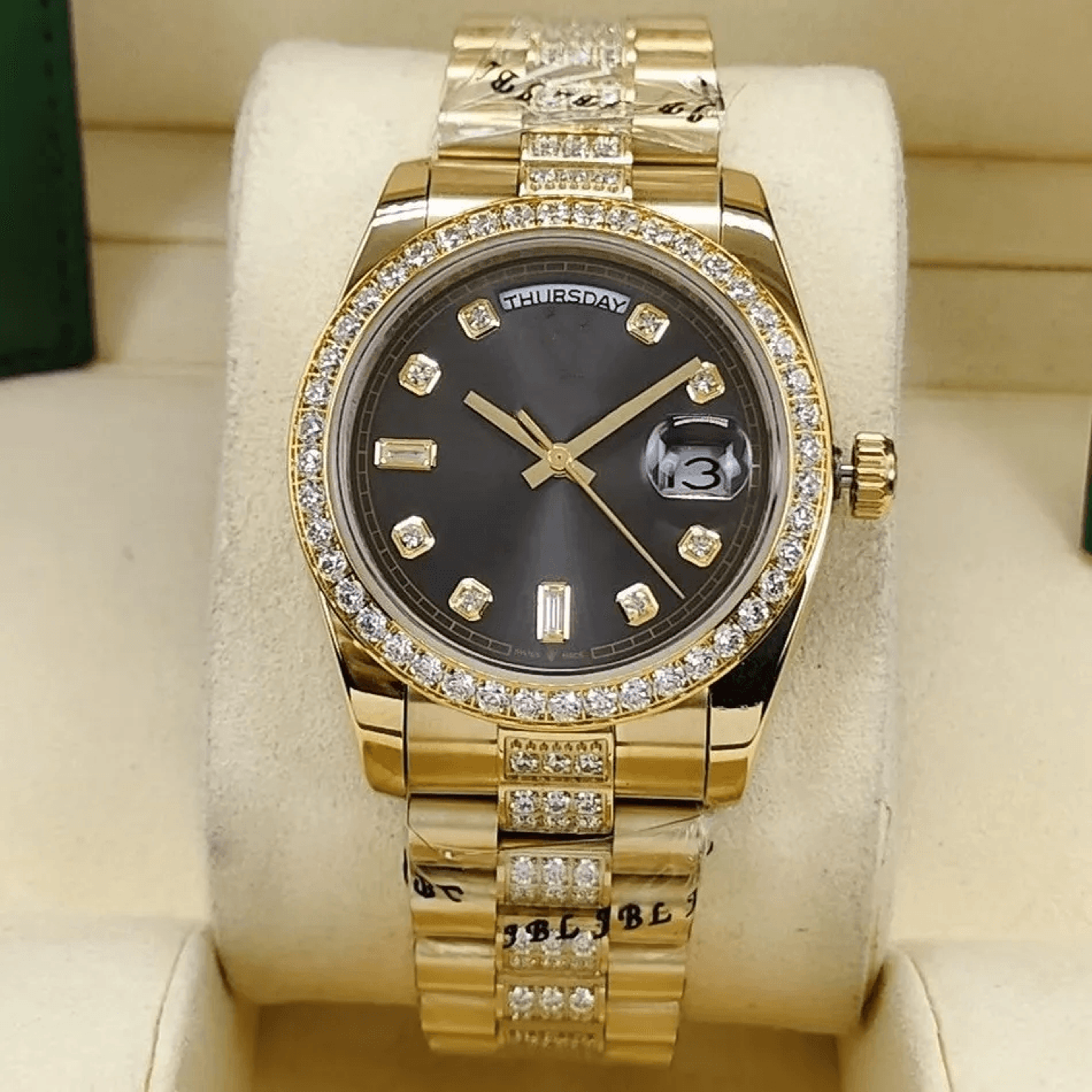 gold men's automatic watch green dial day date diamond style stainless steel