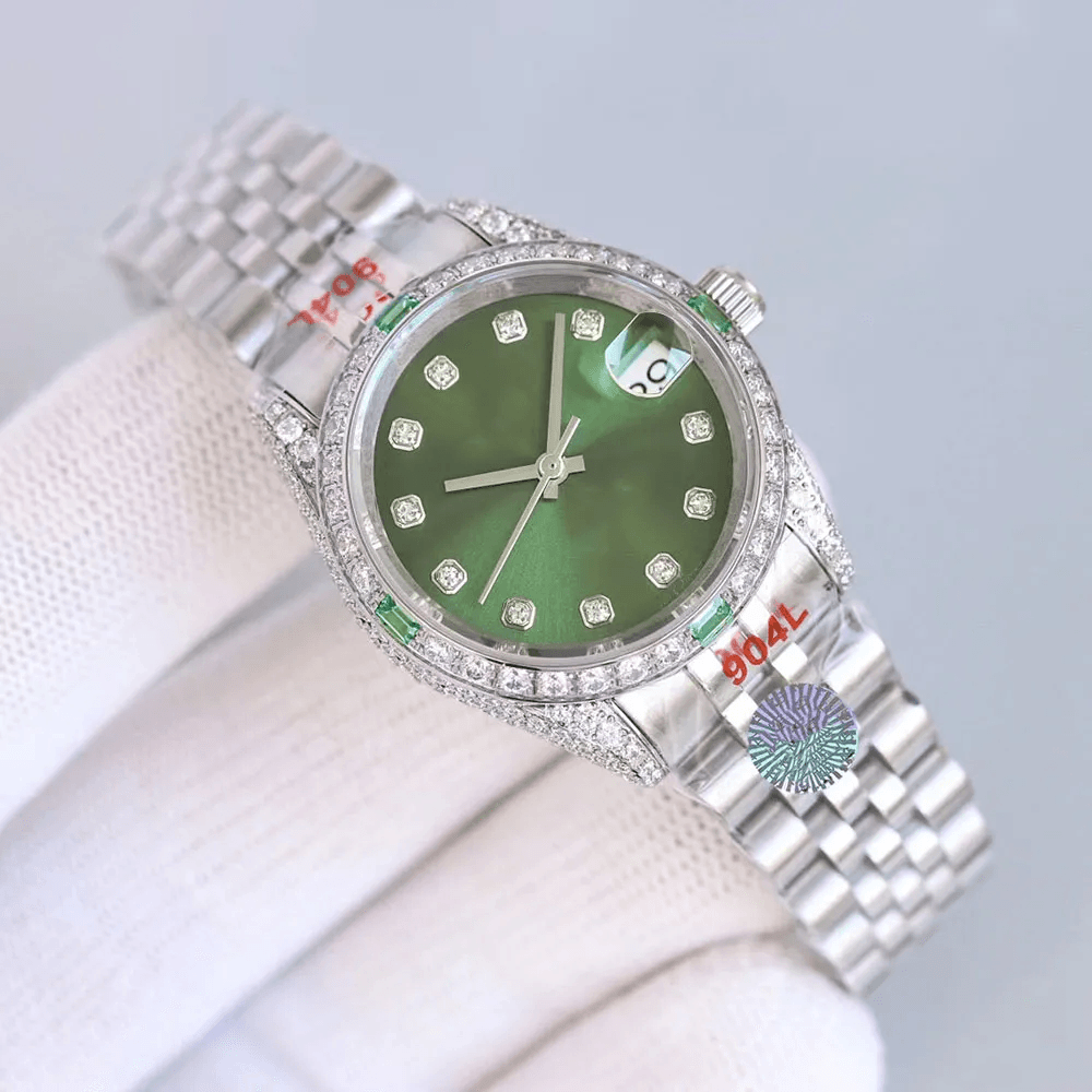 mechanical womens watch diamond dial steel bracelet calendar