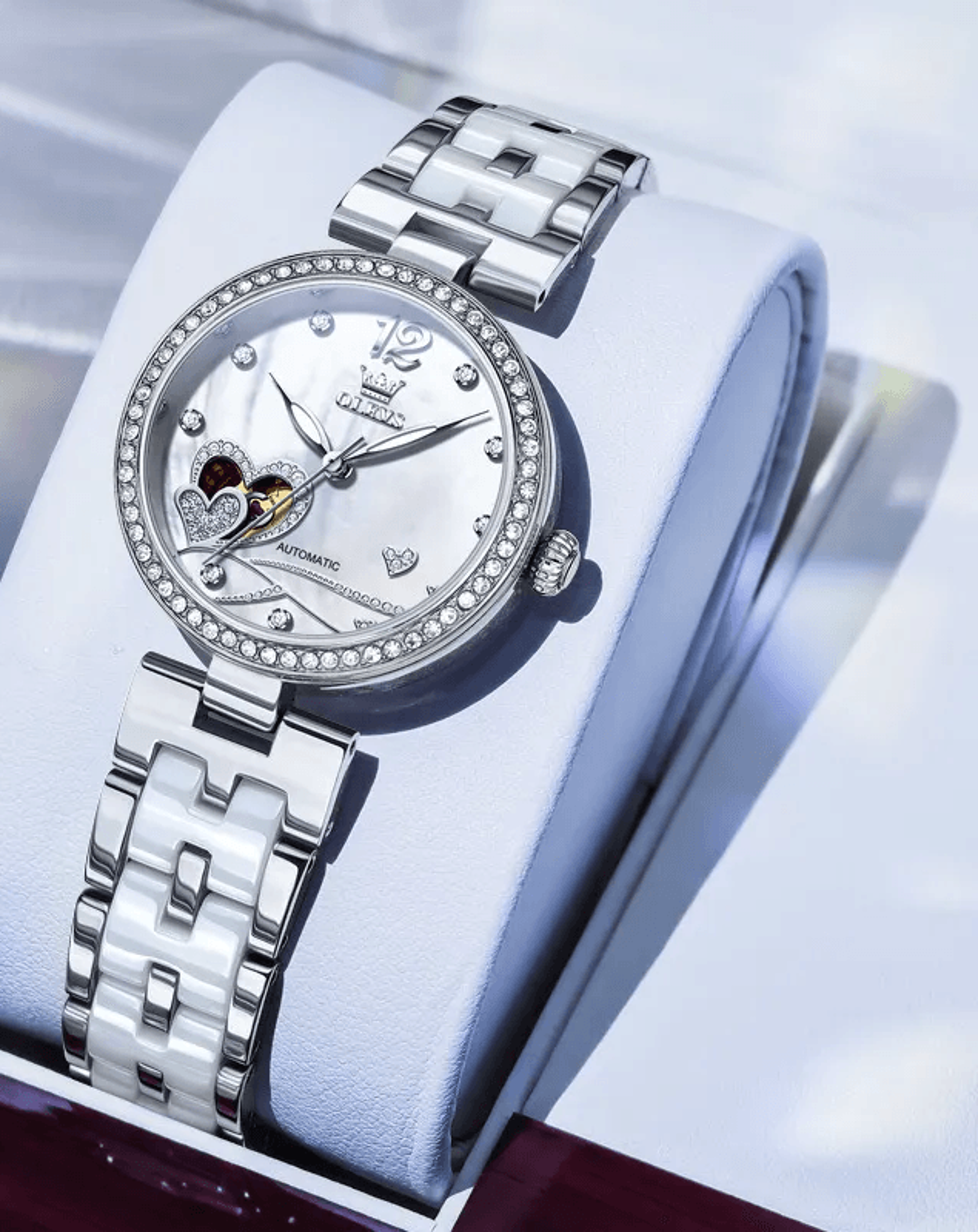 diamond heart ceramic mechanical watch with hollow skeleton dial