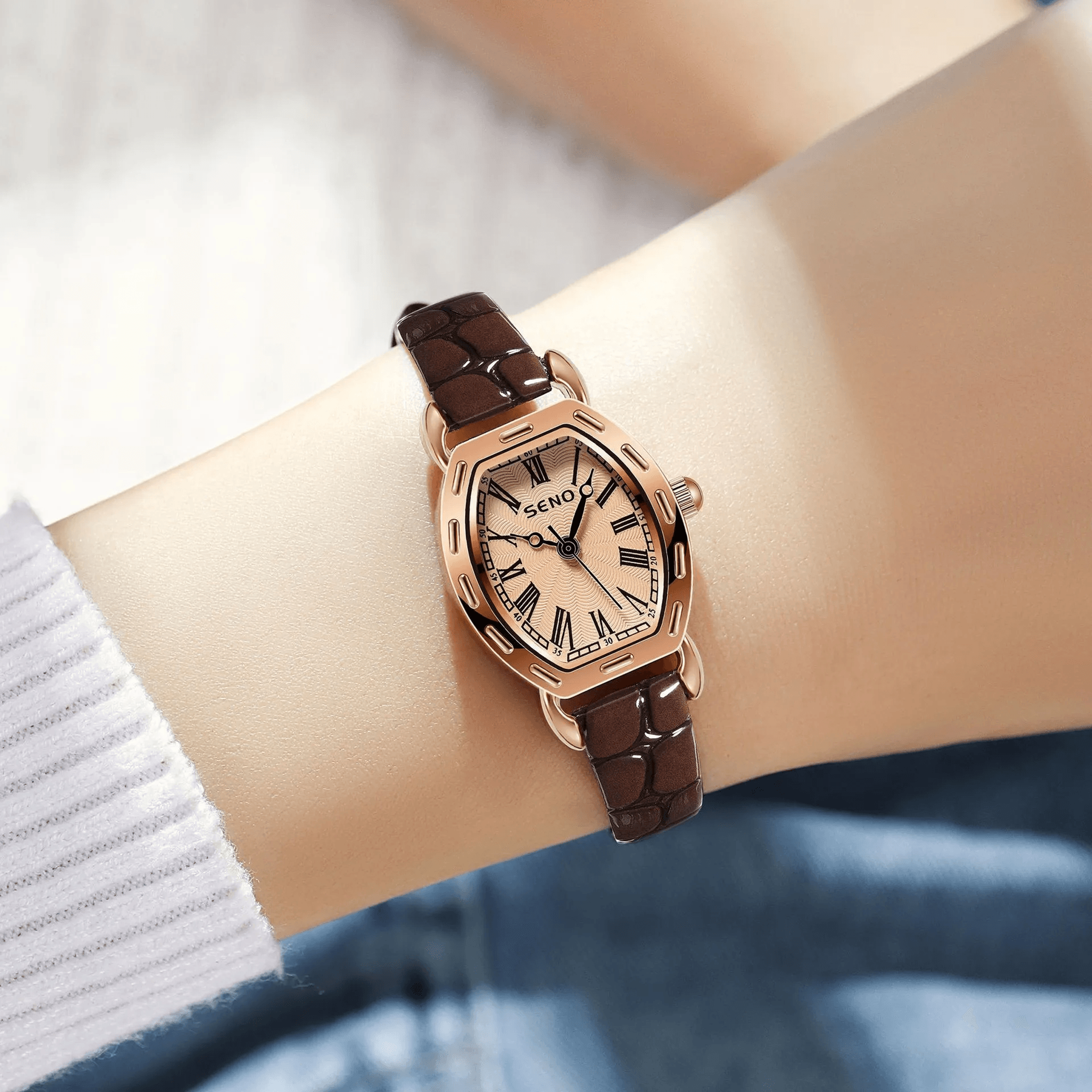vintage square quartz watch for women with leather strap