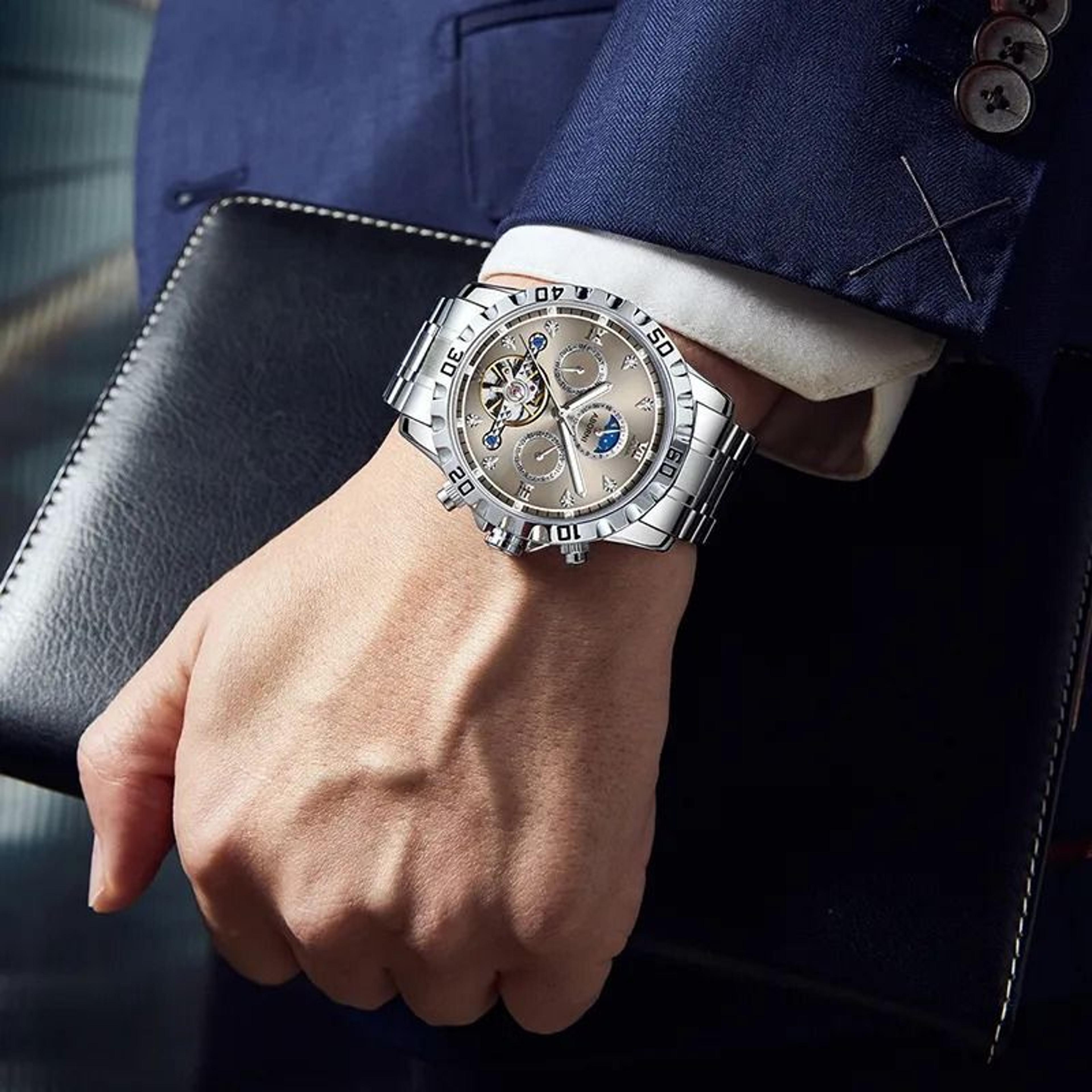 moon phase automatic mechanical watch for men stainless steel business watch