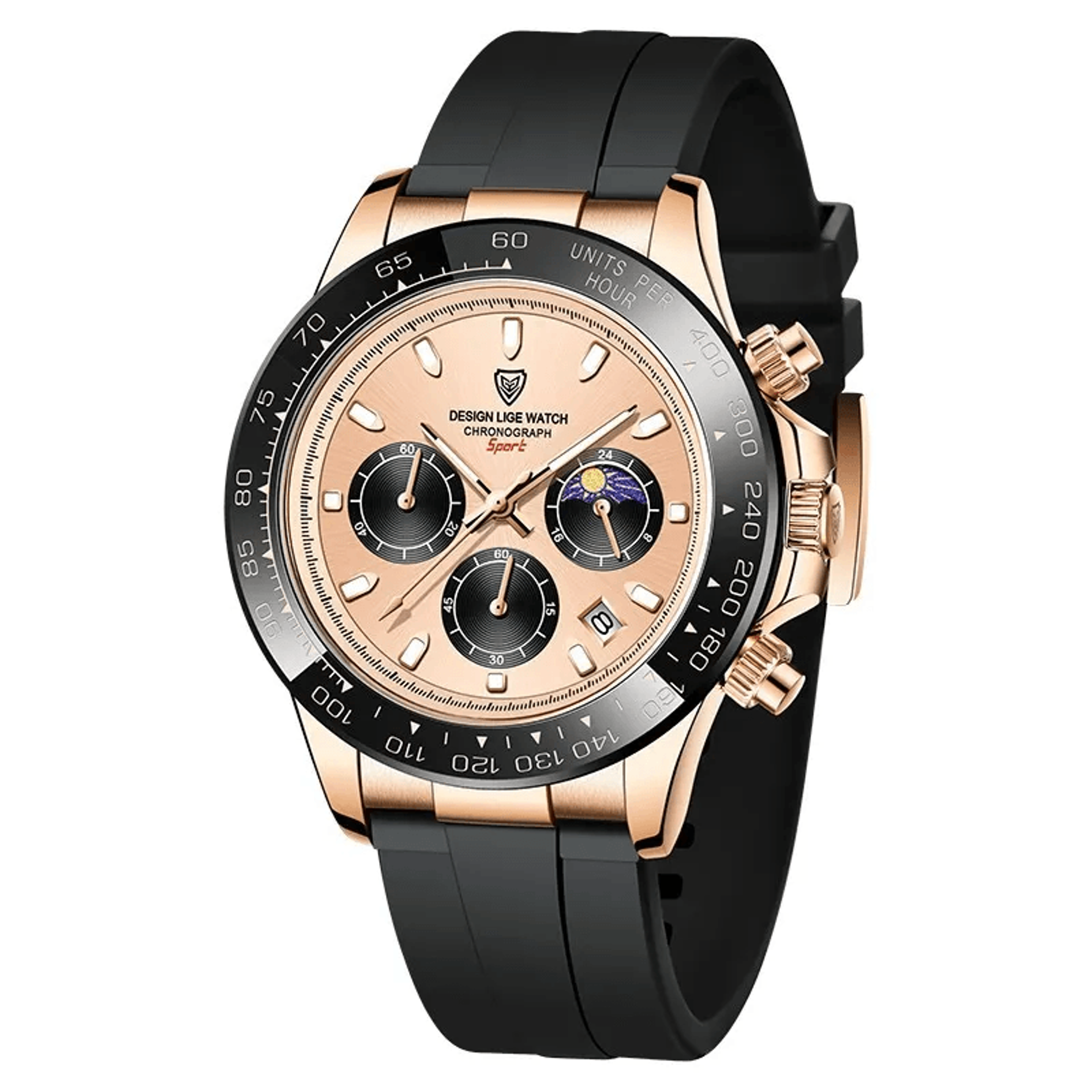 men moon phase chronograph watch waterproof quartz watch with silicone strap