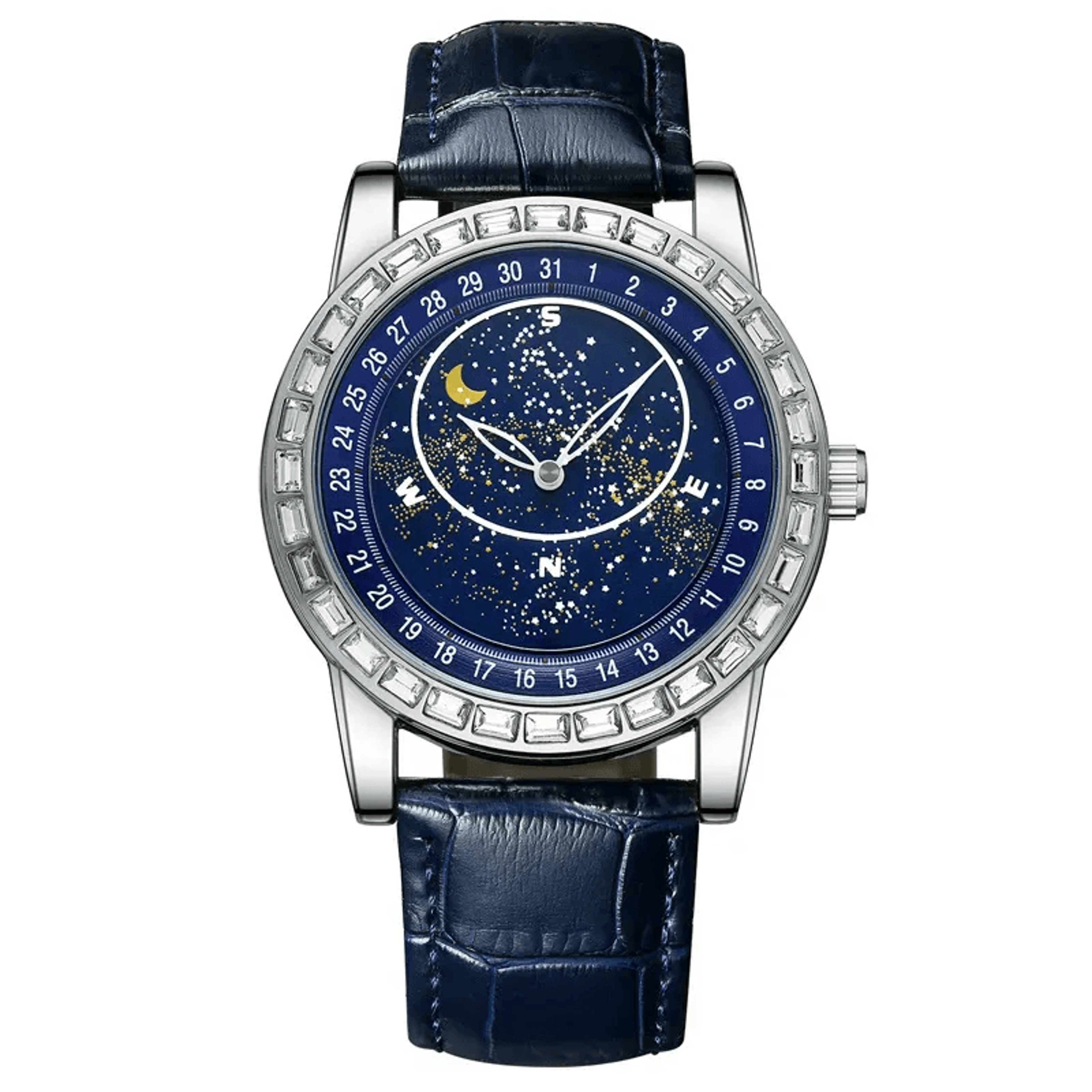 starry sky moon phase quartz watch for men with luminous hands and leather strap