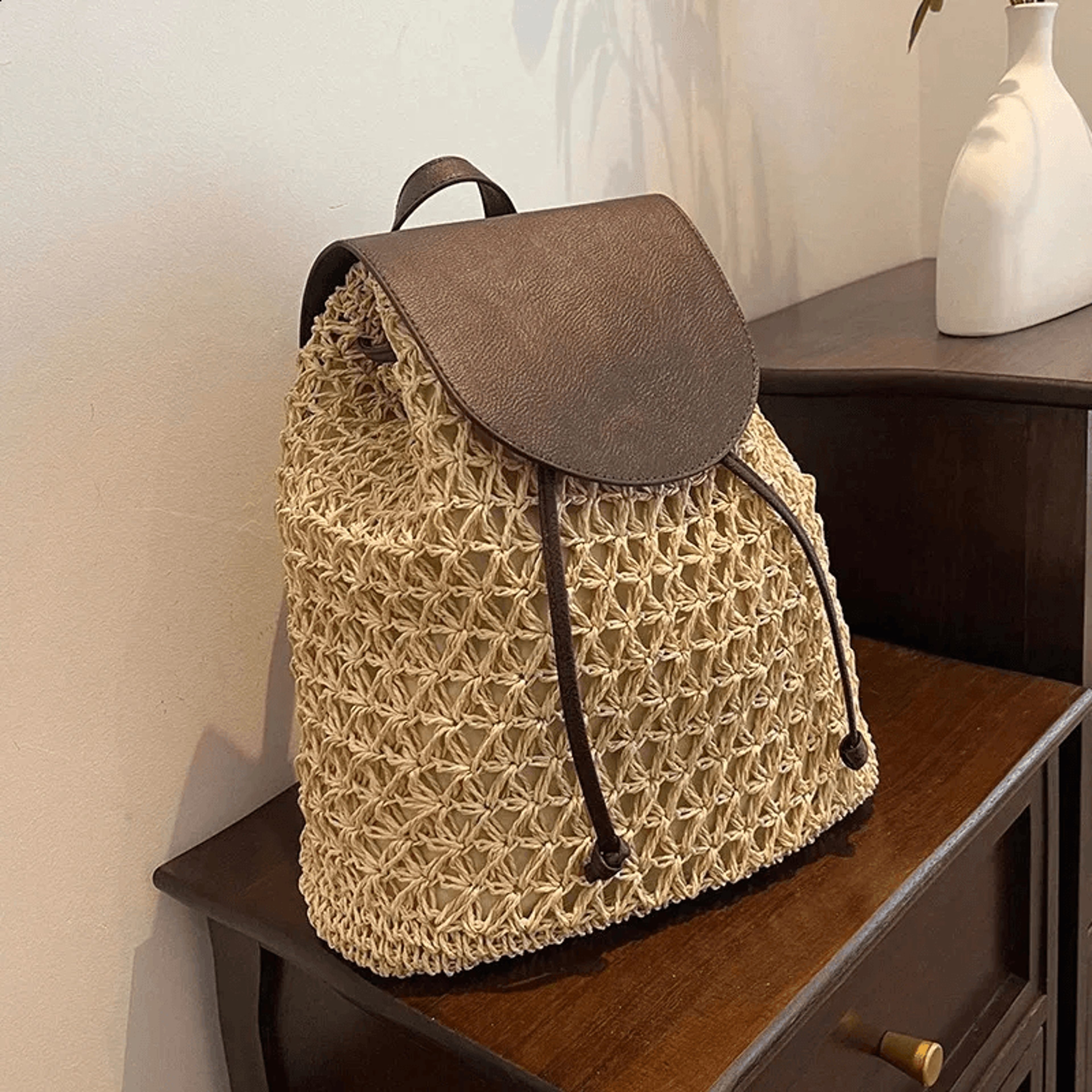 boho straw backpack woven beach bag summer crochet backpack for women