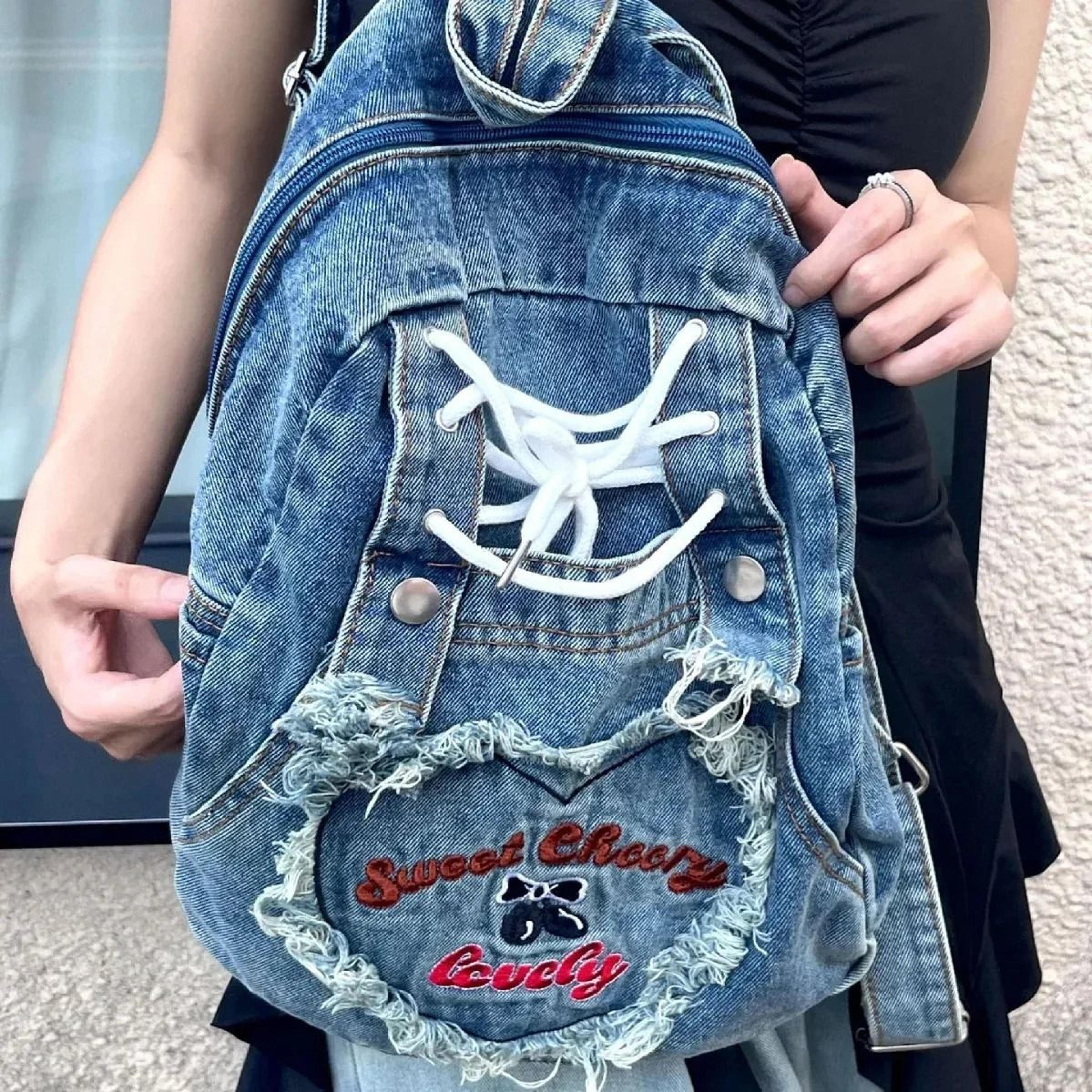 pink denim women backpack large capacity embroidered letter daypack