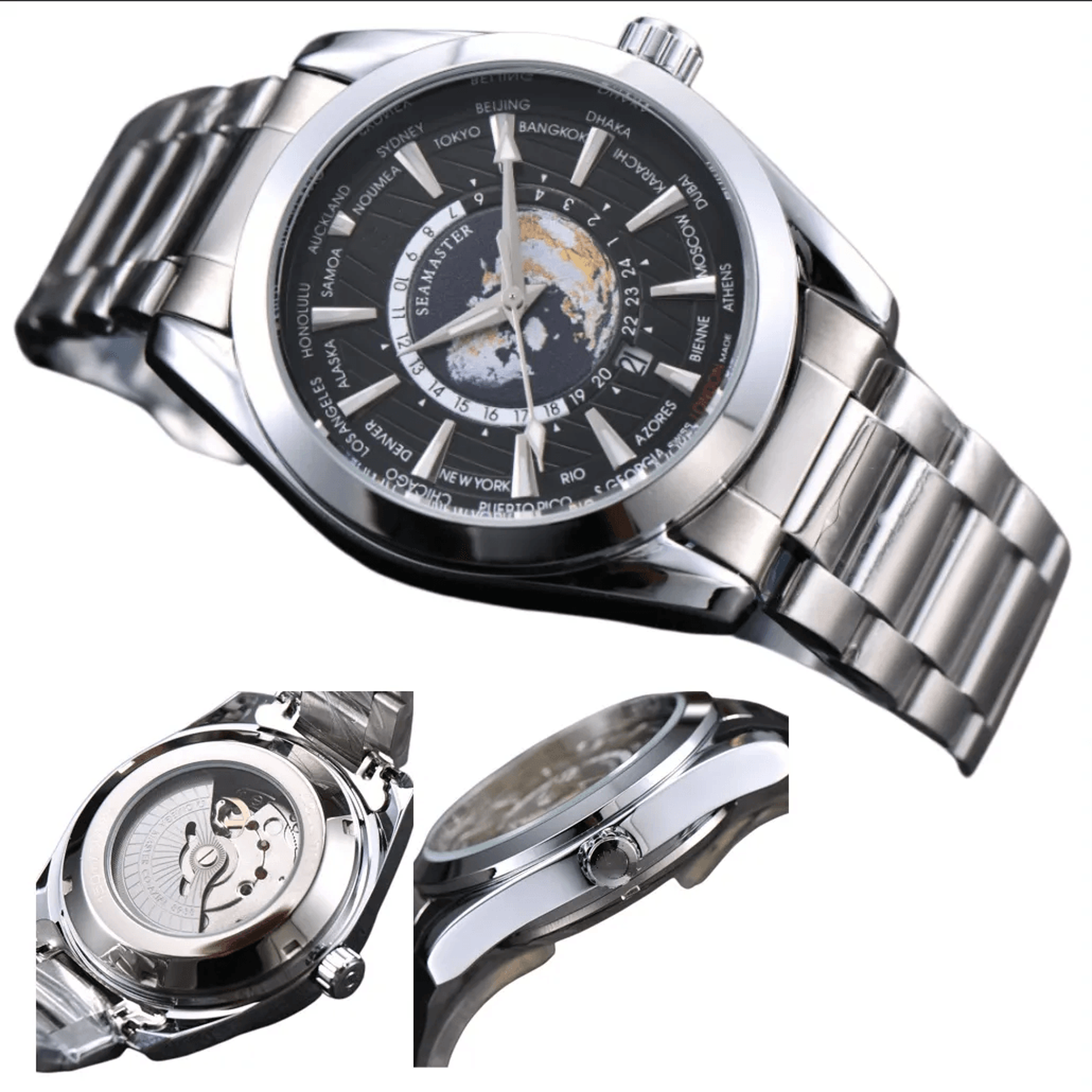 seamaster style quartz watch with sapphire glass and six-hand dial