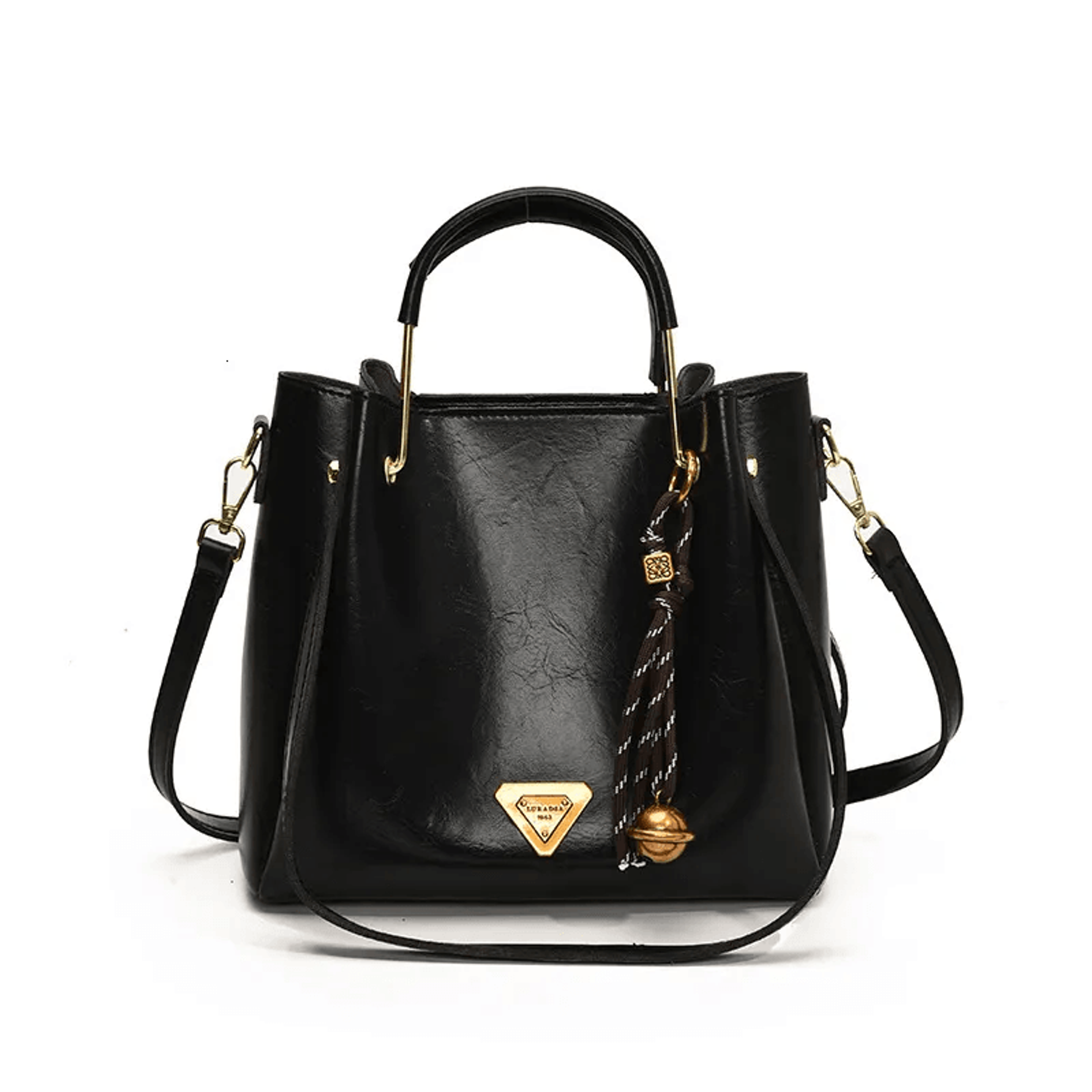 vintage oil wax leather bucket handbag dual handle crossbody purse with tassel charm
