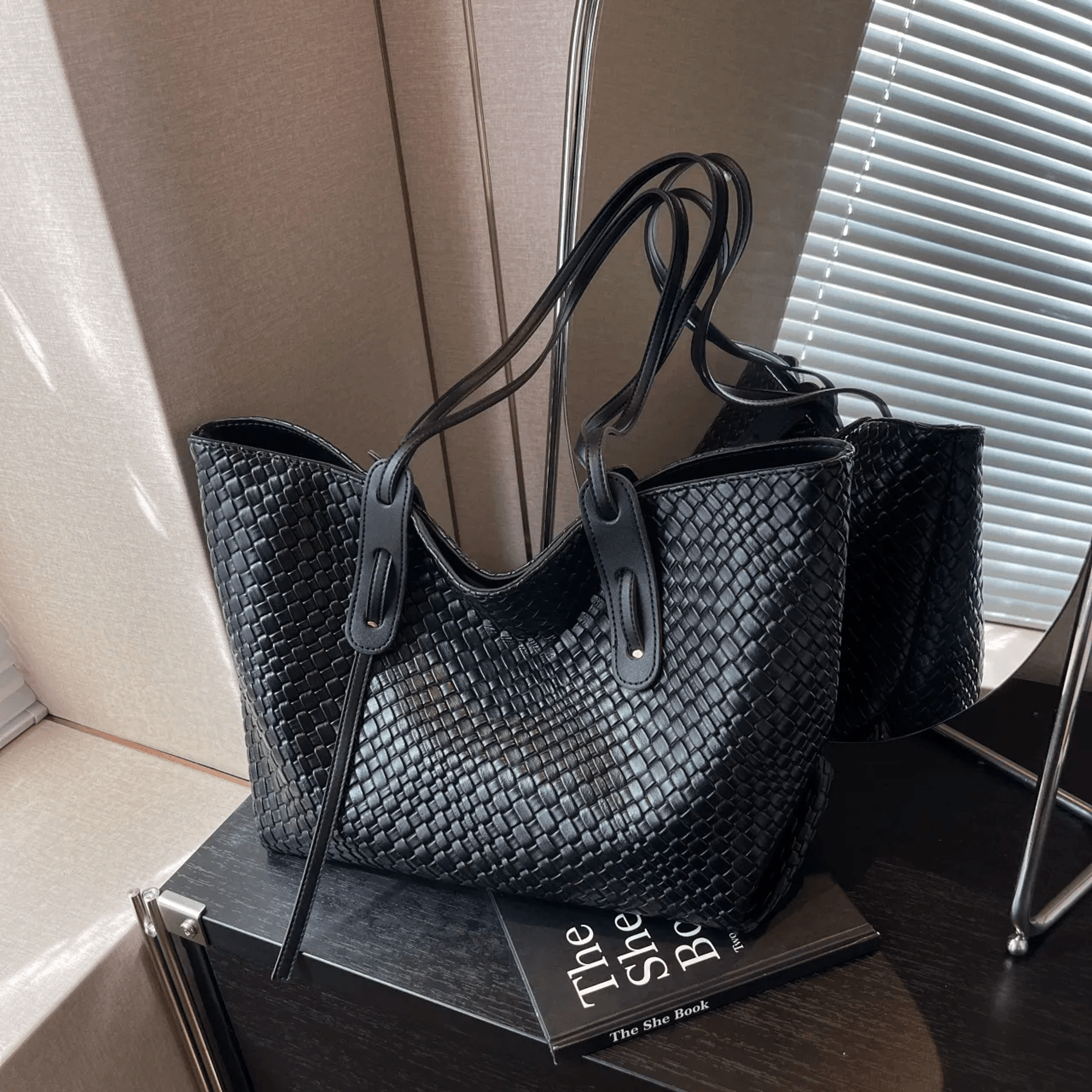 handwoven faux leather tote bag large capacity shoulder handbag