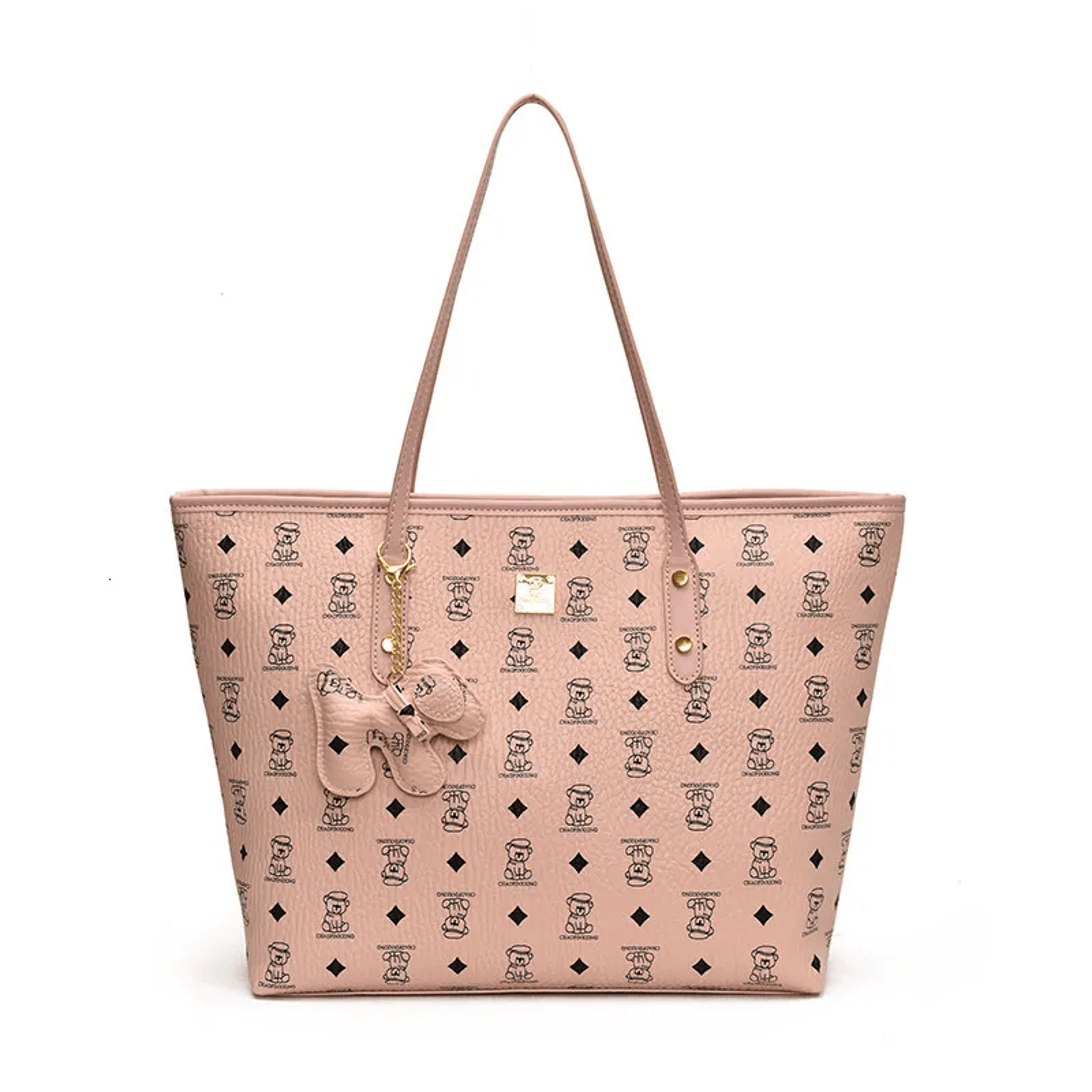 playful cartoon bear pendant large capacity wide strap tote bag