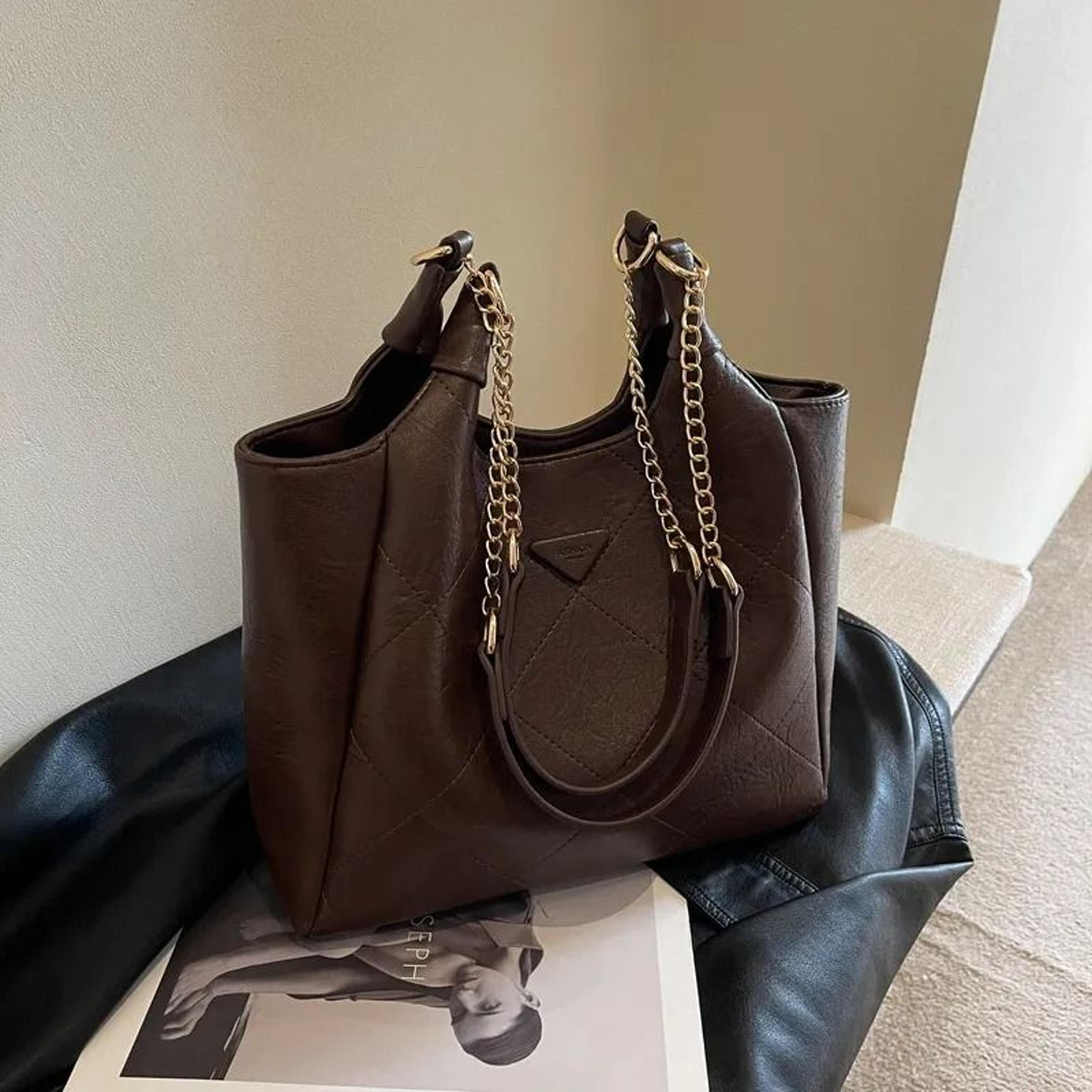 brown quilted leather tote bag for women chain shoulder work purse