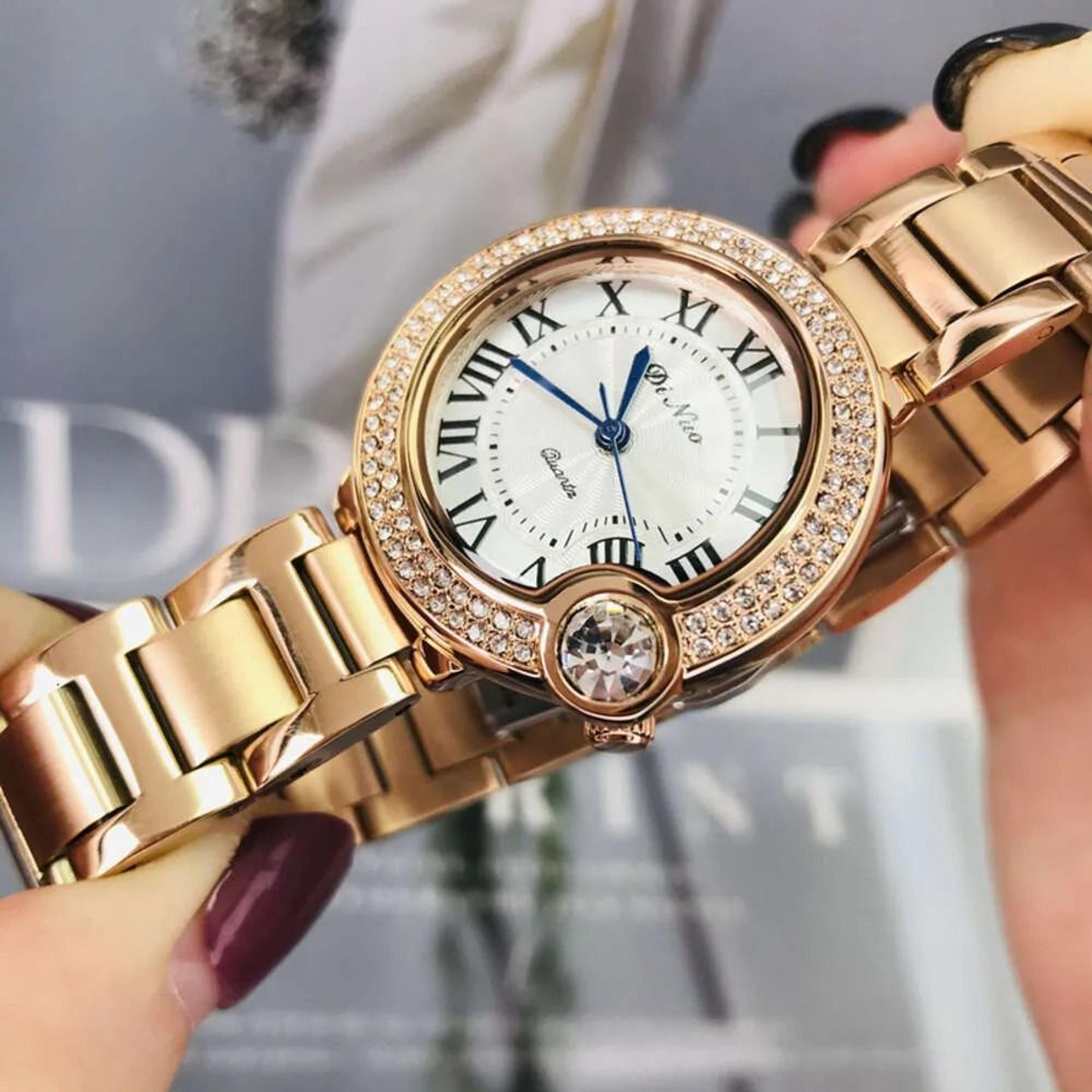 women diamond bezel quartz watch waterproof roman numeral stainless steel band