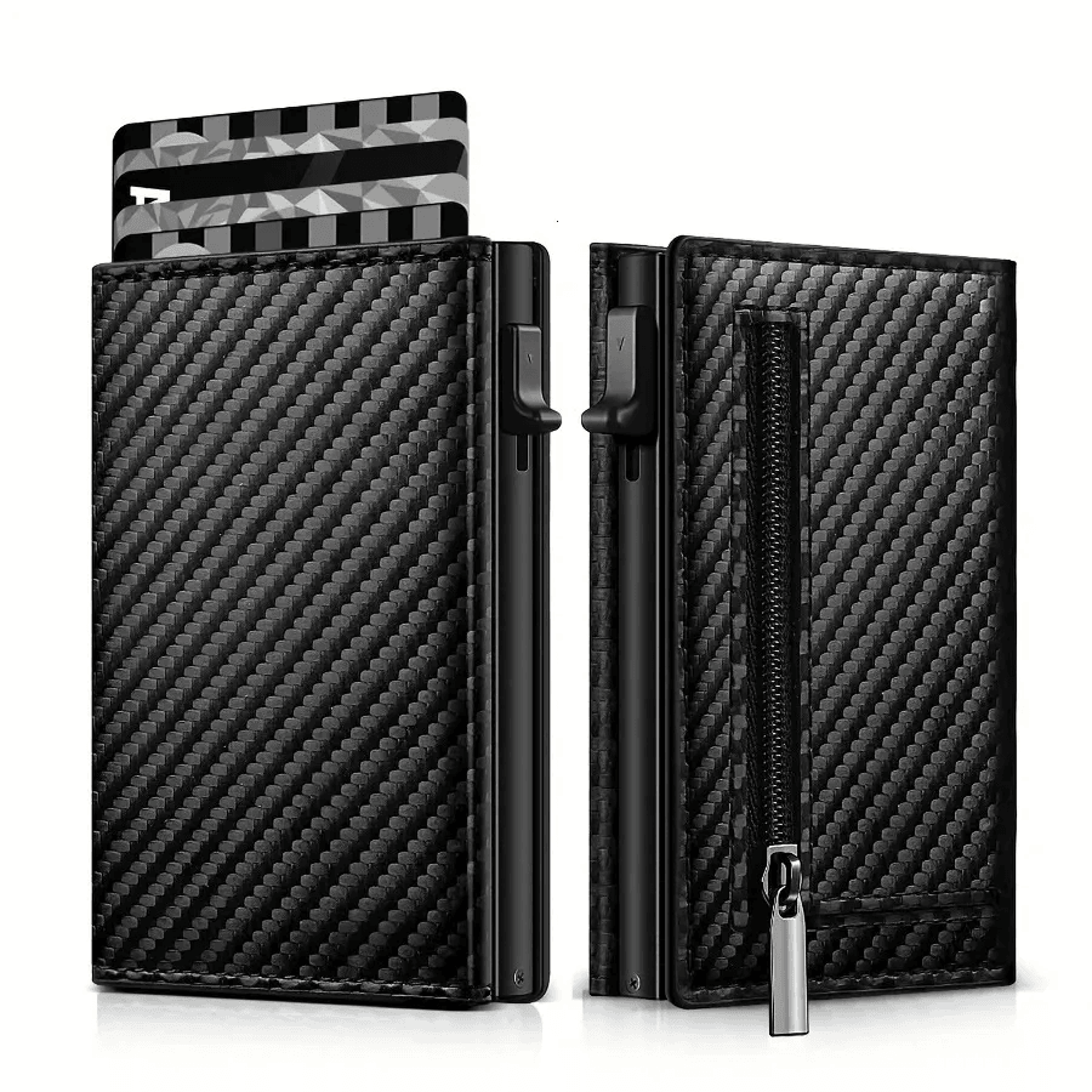 mens carbon fiber rfid pop up airtag wallet with magnetic card clip and zipper