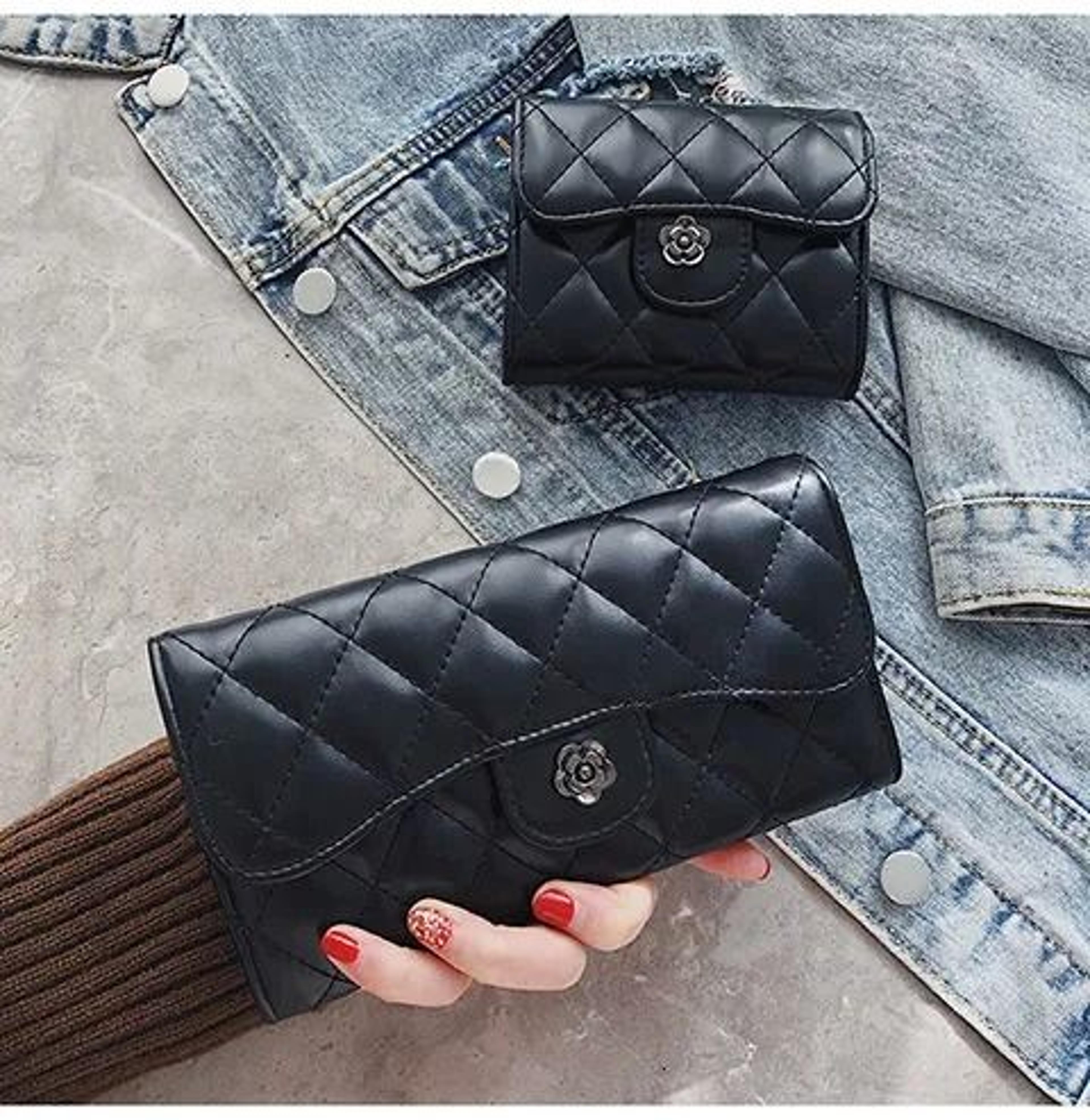 black quilted leather flower turn lock wallet