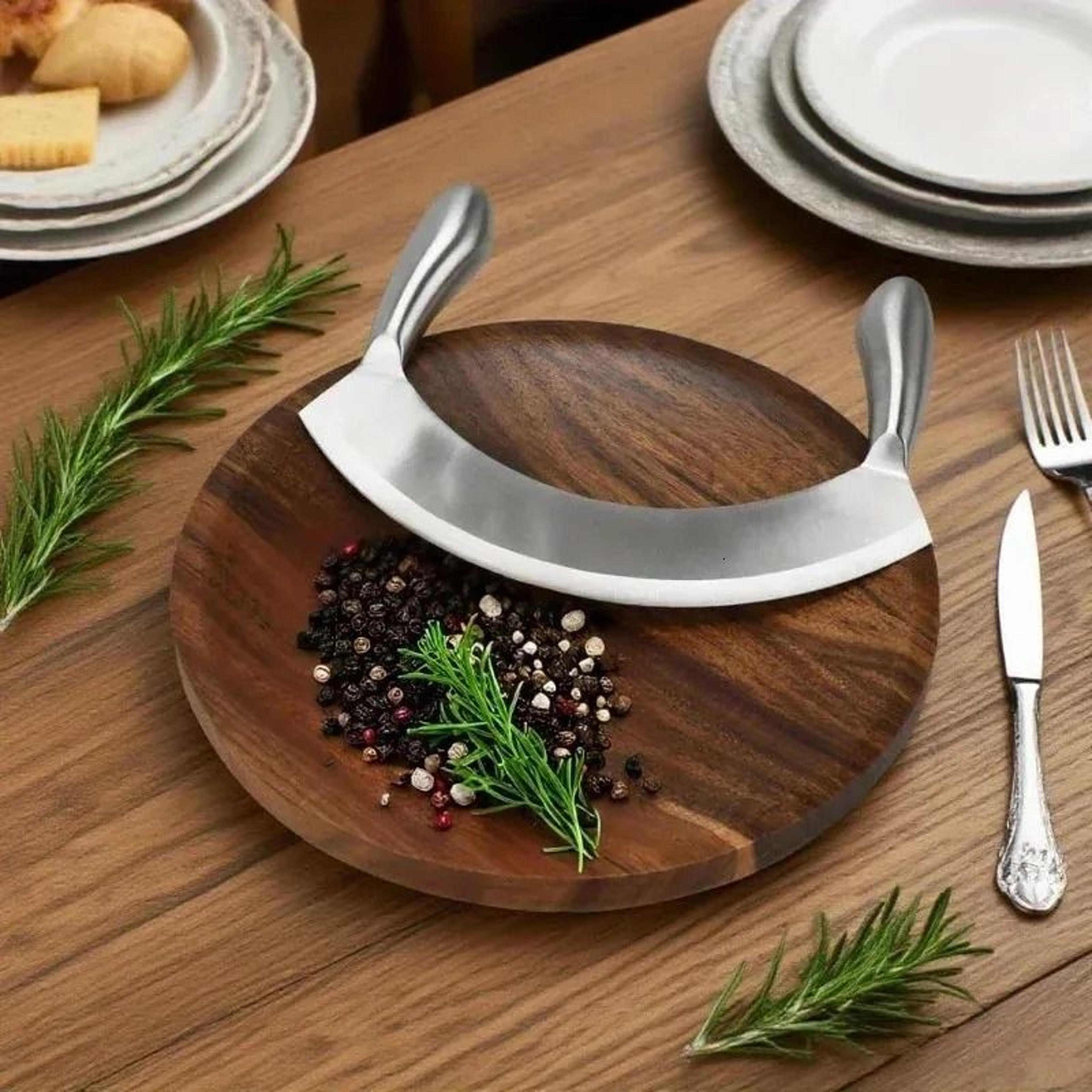 stainless steel mezzaluna pizza cutter herb mincer salad slicer