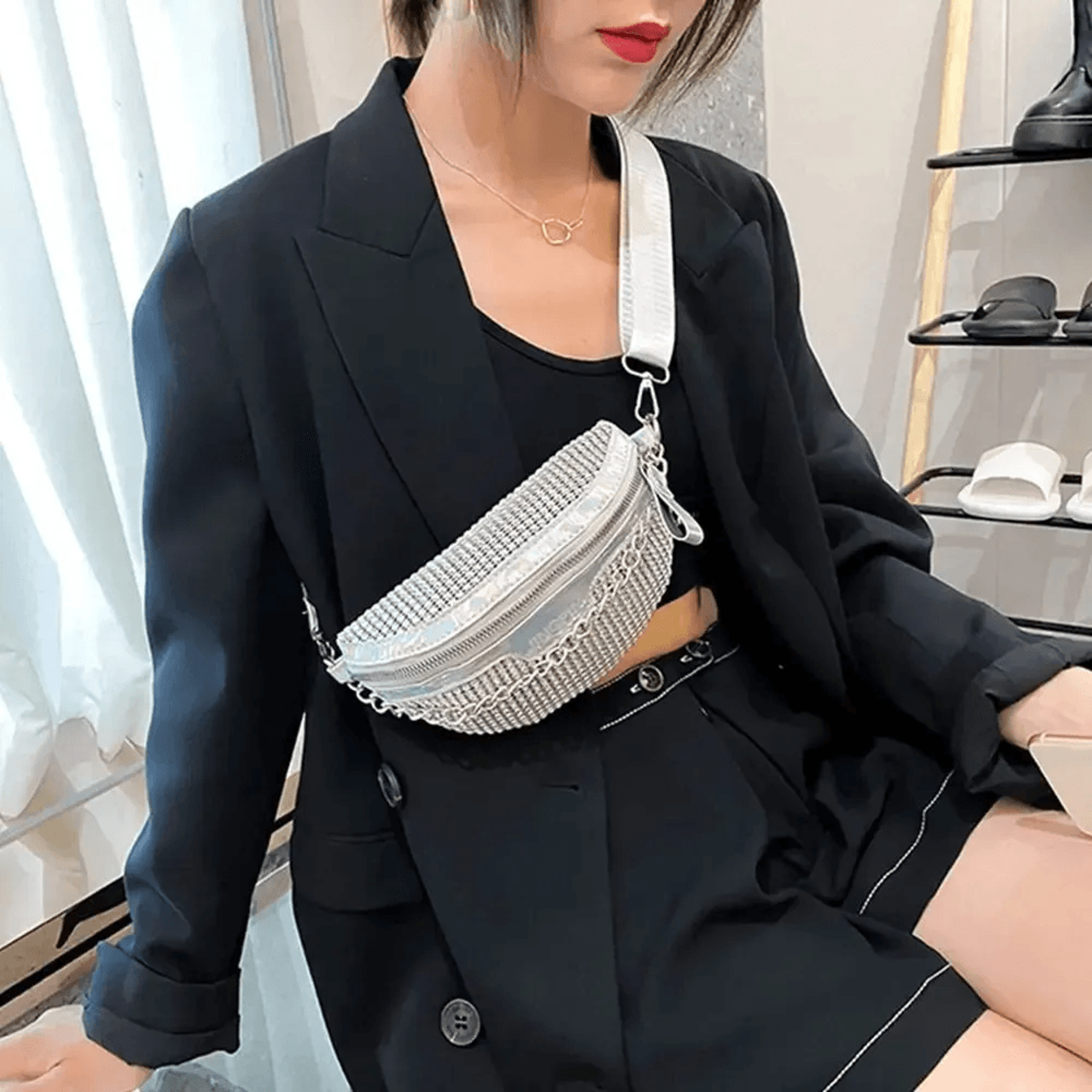shiny crystal rhinestone fanny pack crossbody evening waist bag