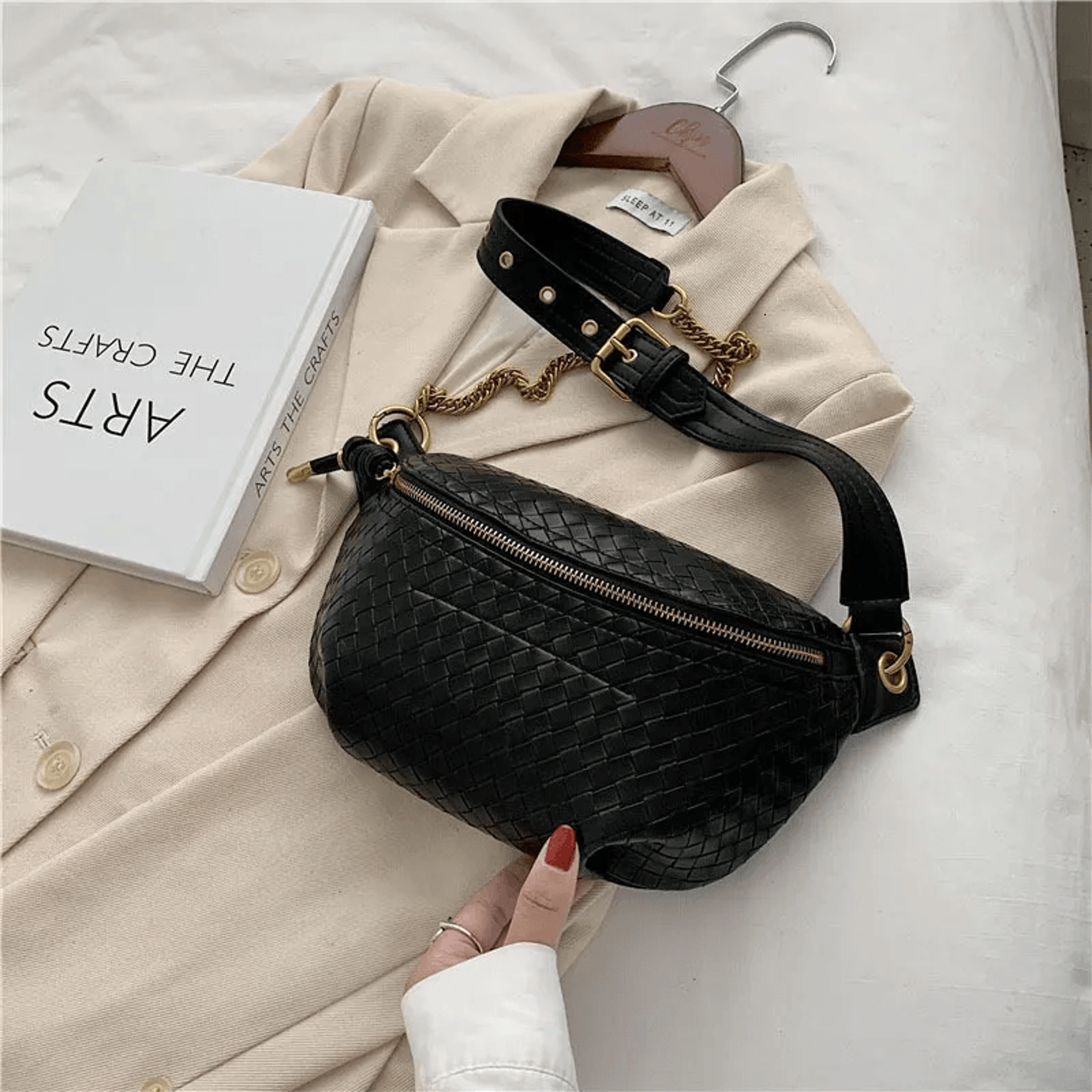 chic leather women belt bag with chain accent mini crossbody phone purse