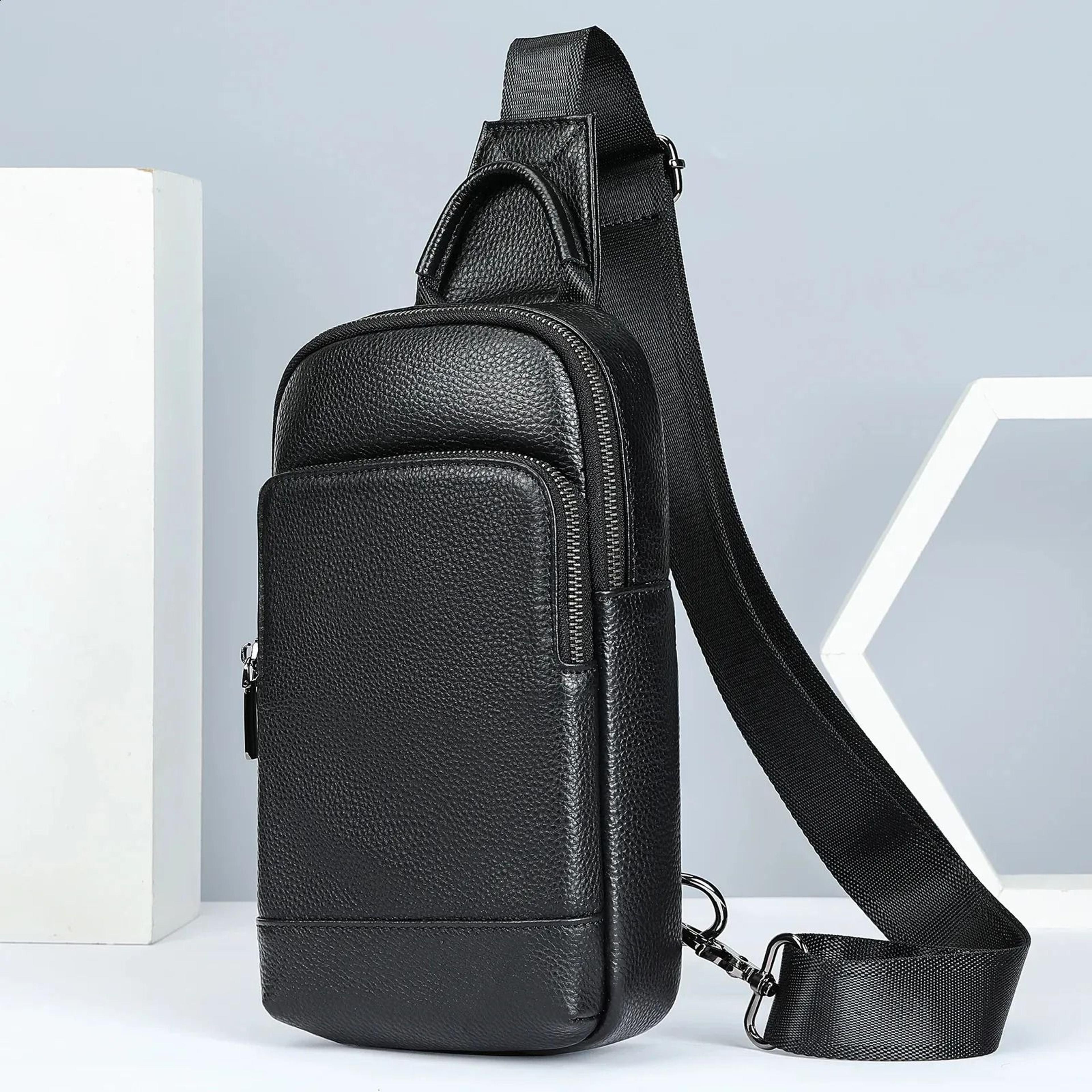 men genuine leather crossbody chest bag compact black sling shoulder bag