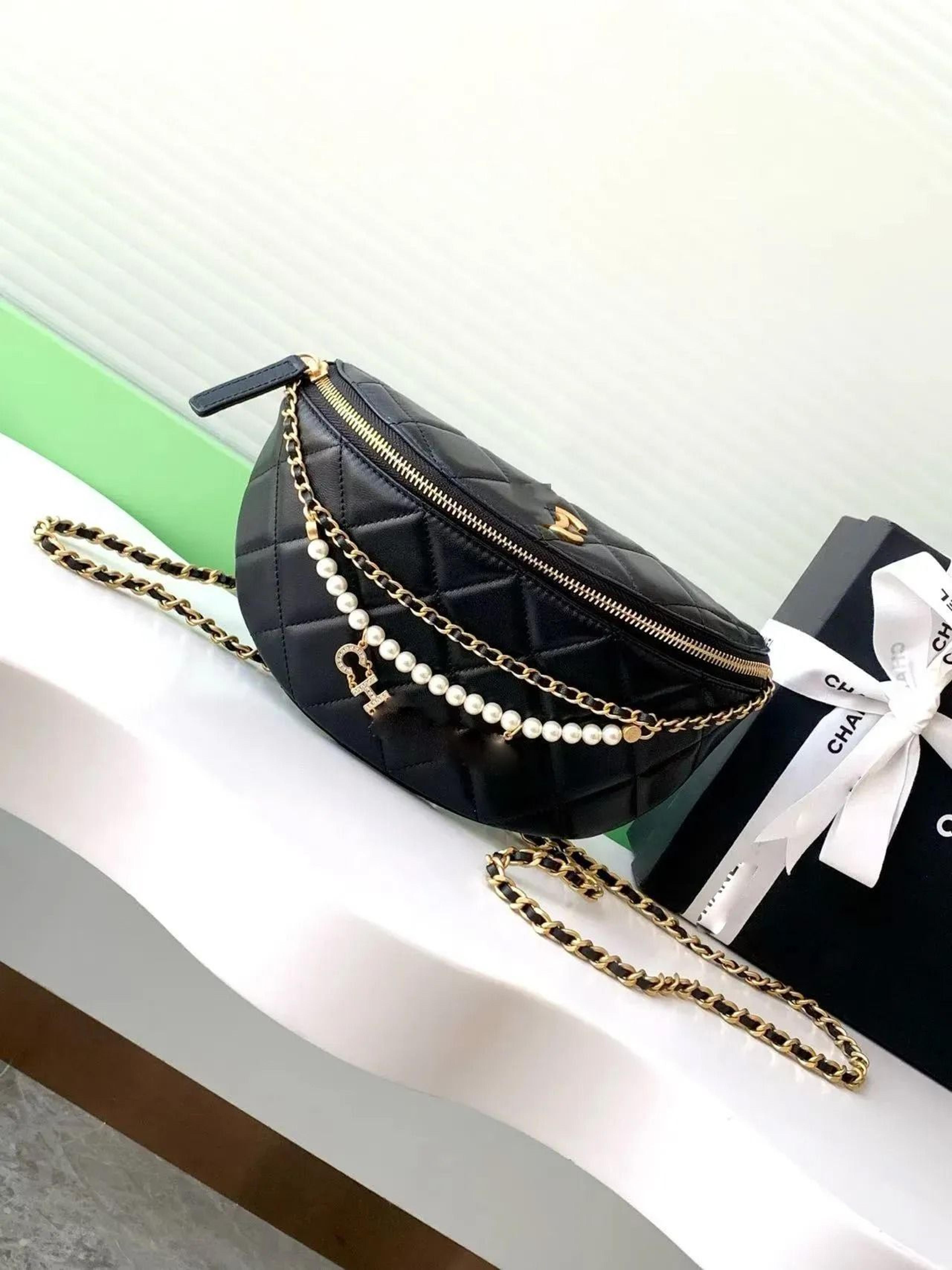 genuine leather quilted belt bag black crossbody waist bag with gold tone hardware