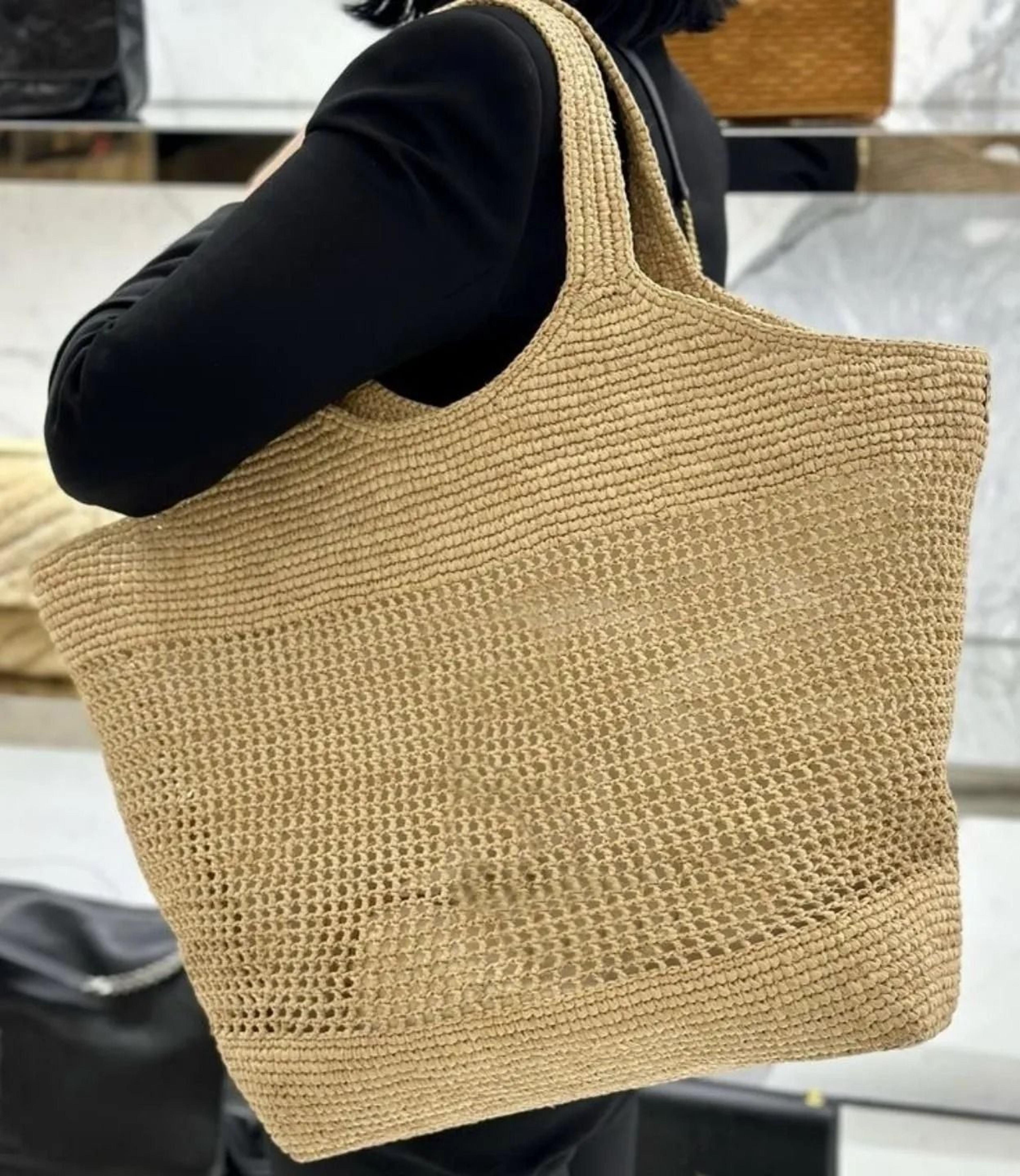 large raffia tote bag for women with leather trim sequined embroidery and dual straps