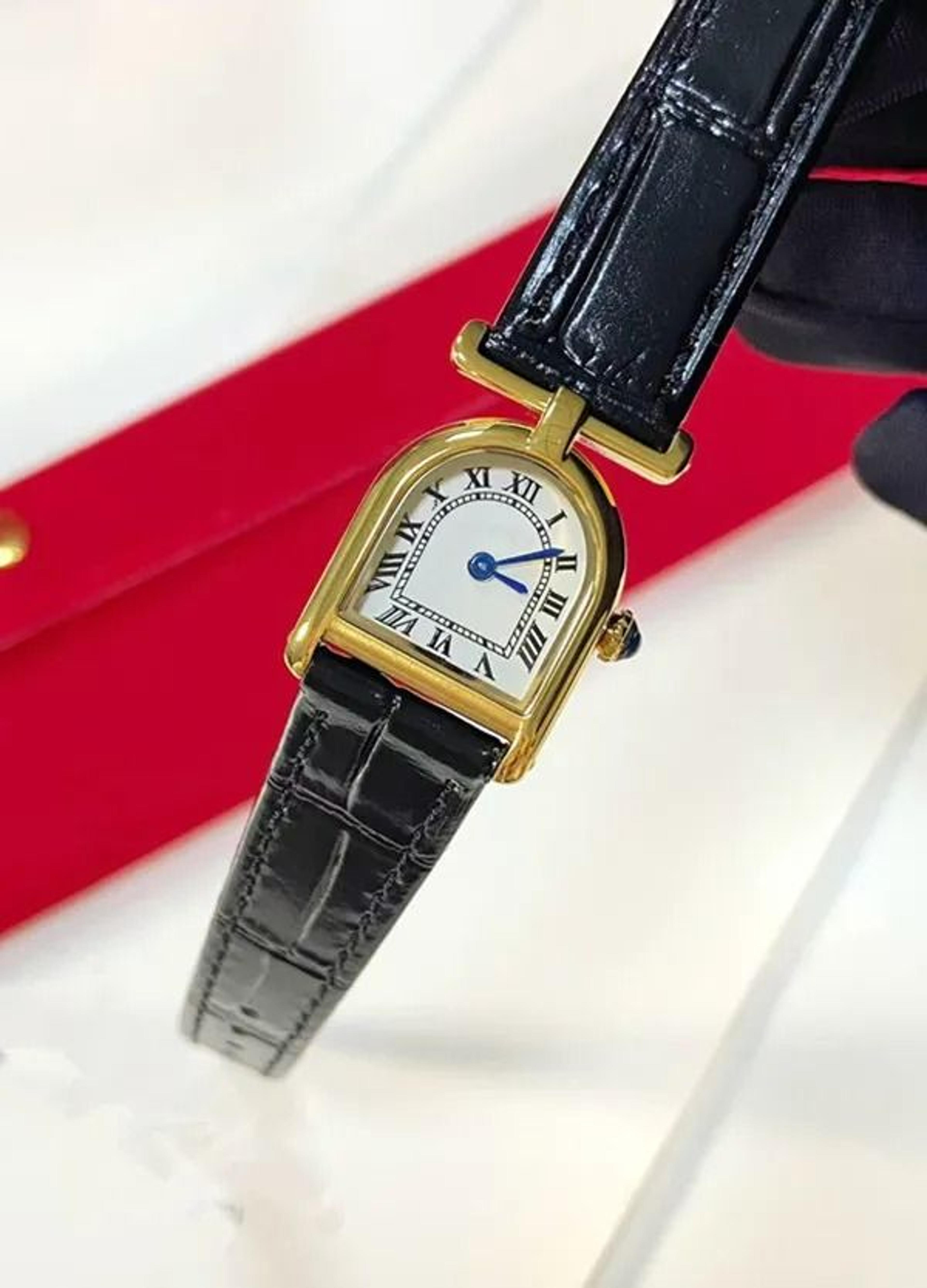 vintage women quartz dress watch sapphire glass gold case leather strap