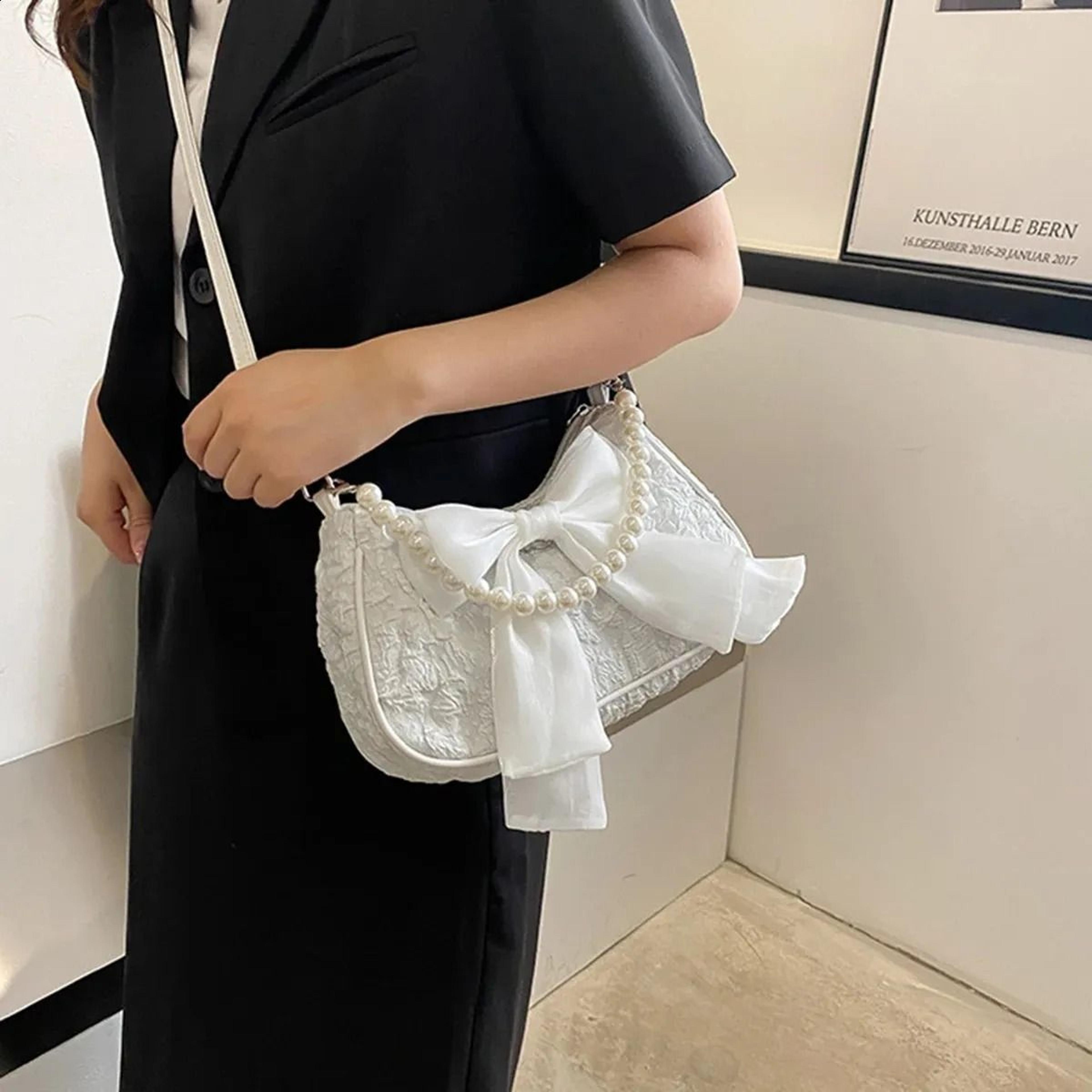 retro bow pearl handle shoulder bag for women fashion crossbody underarm purse