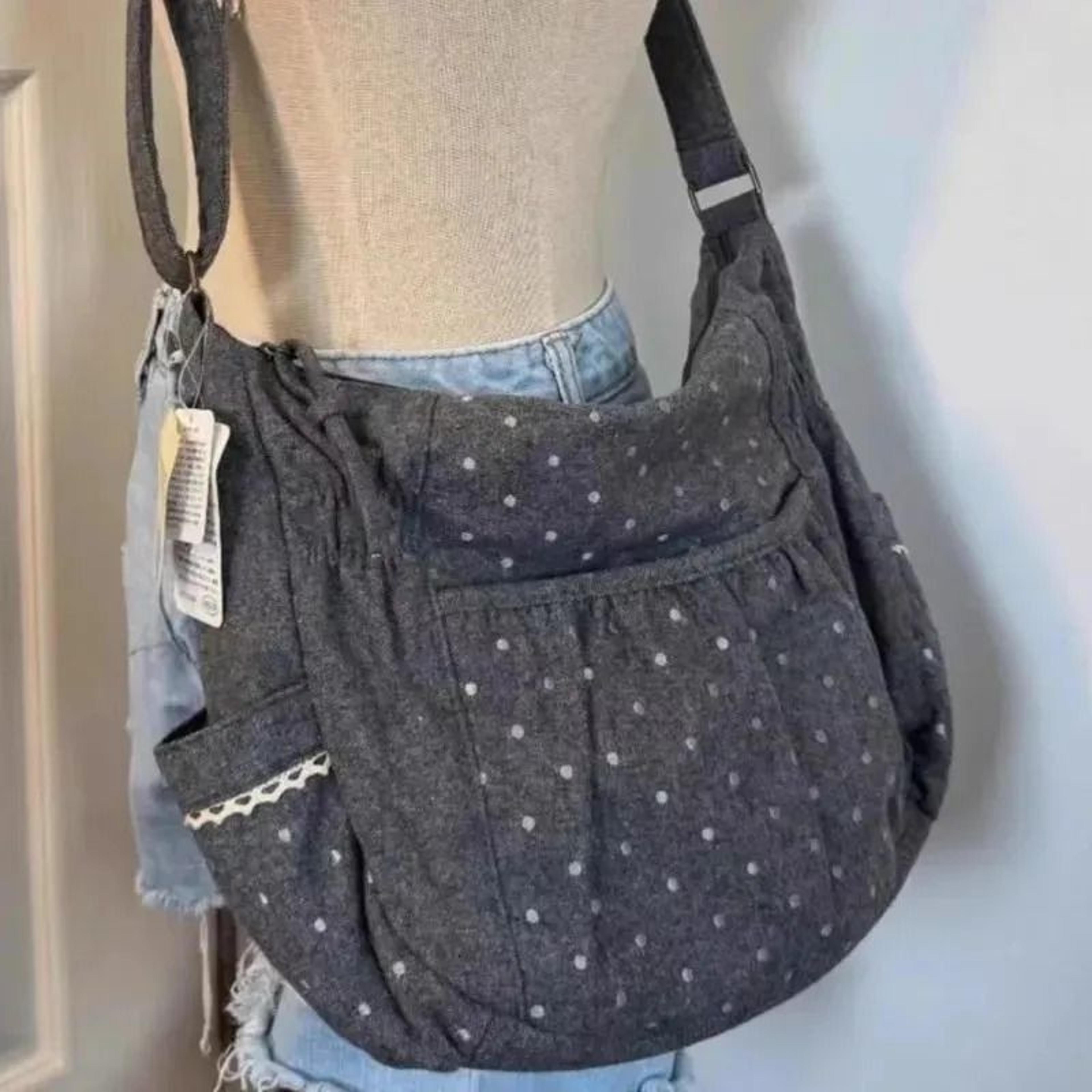 korean style polka dot canvas tote bag for women casual shoulder crossbody bag