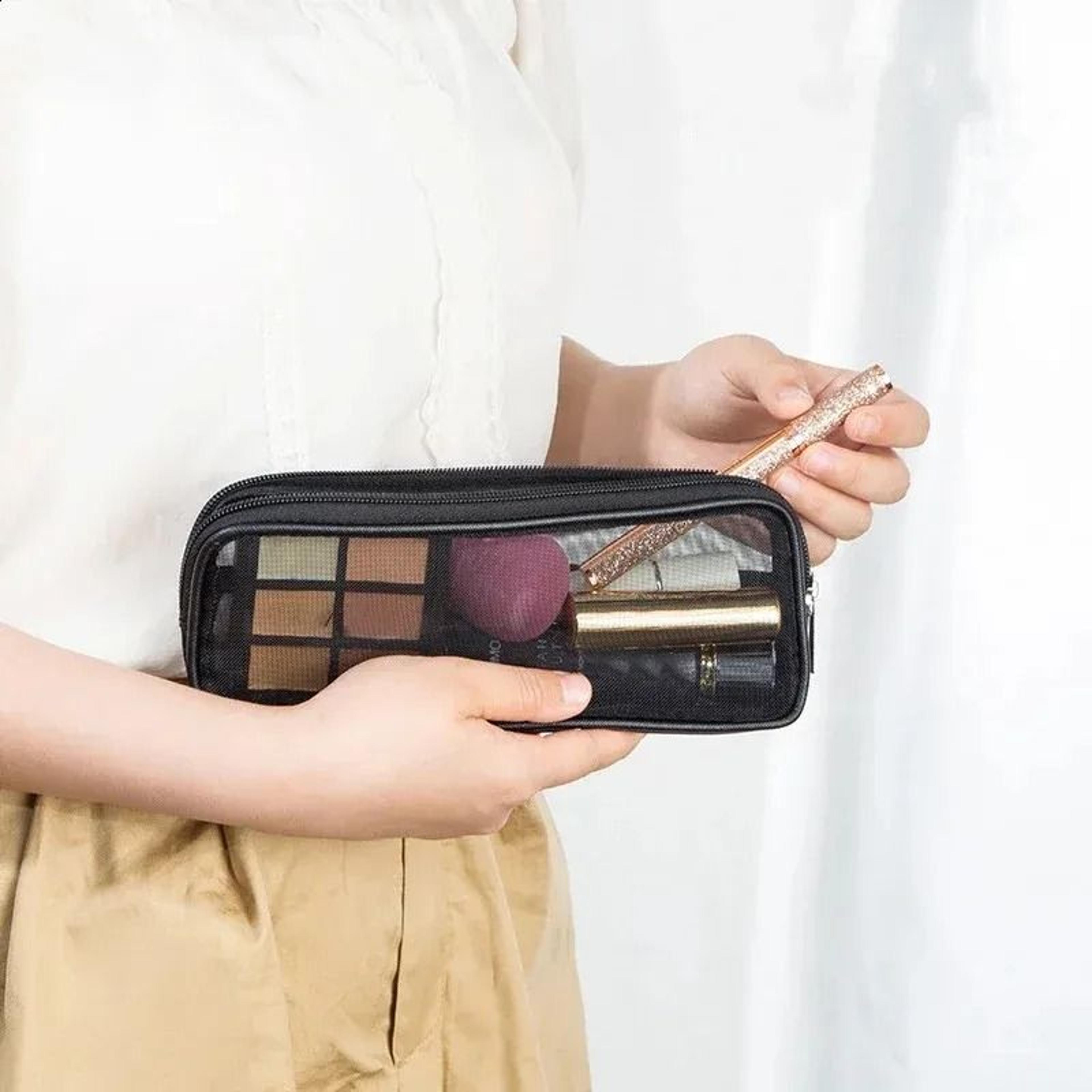 mesh cosmetic bag portable nylon travel makeup organizer for brushes and toiletries