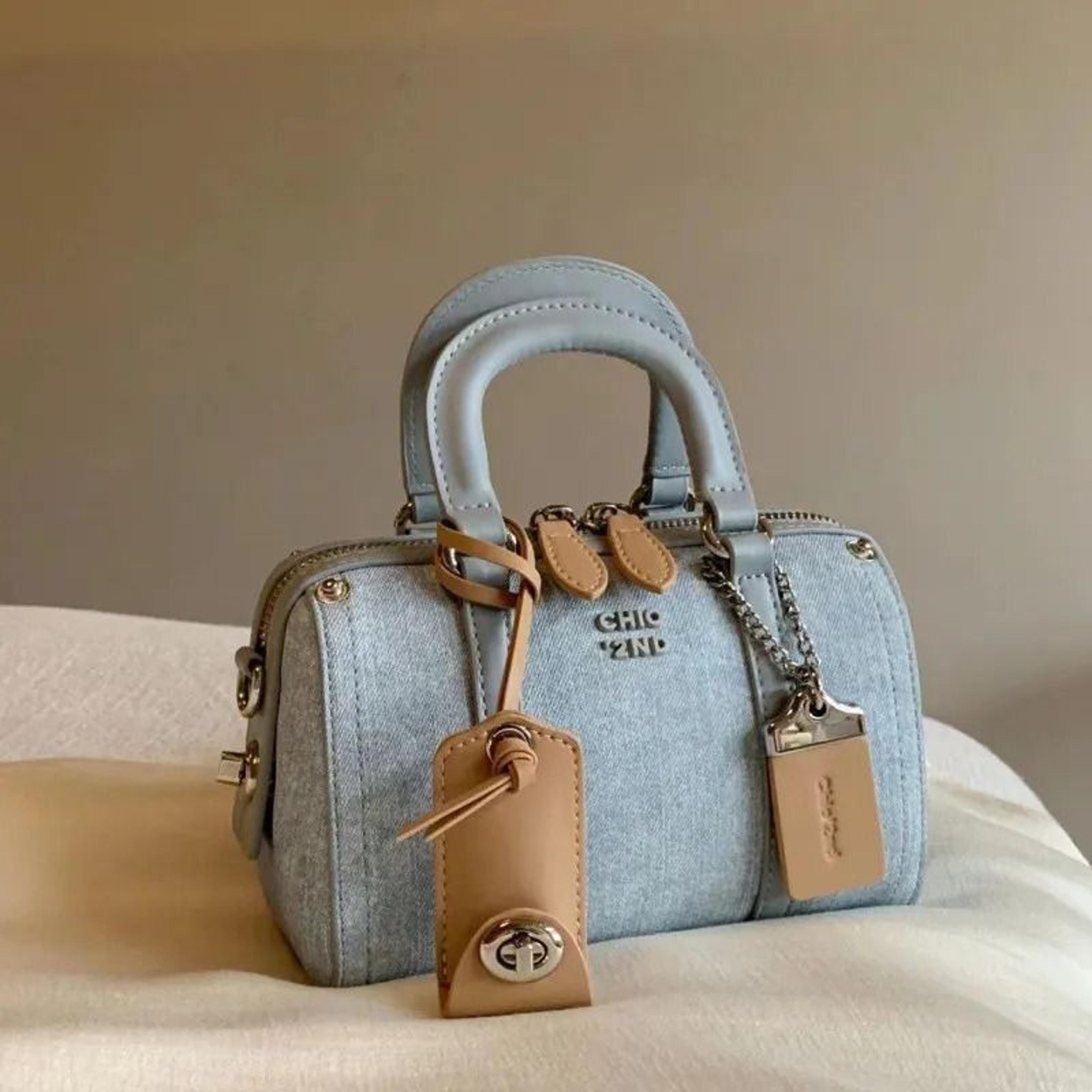 french style denim boston bag for women shoulder crossbody handbag