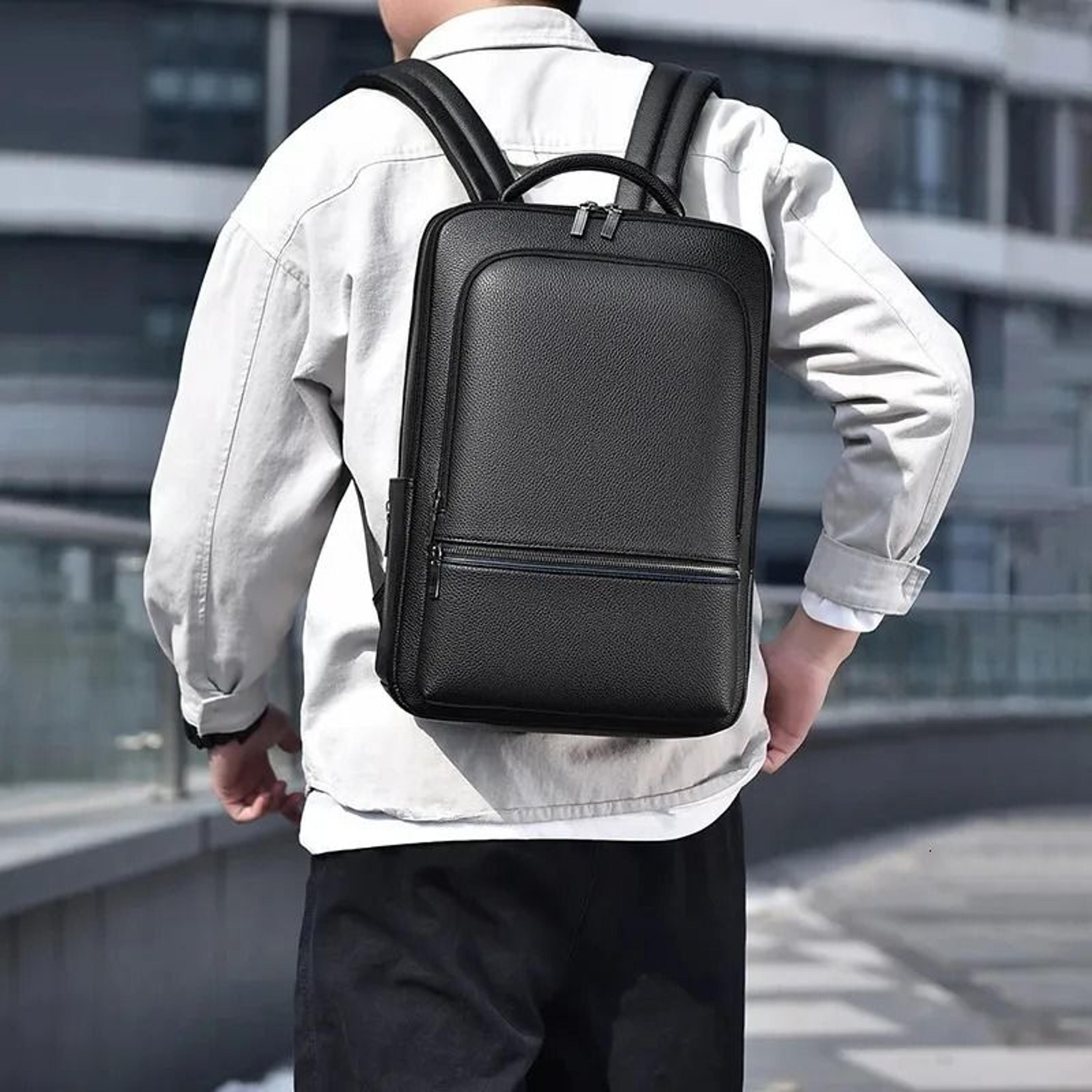 men pu leather laptop backpack with usb charging for business travel and office