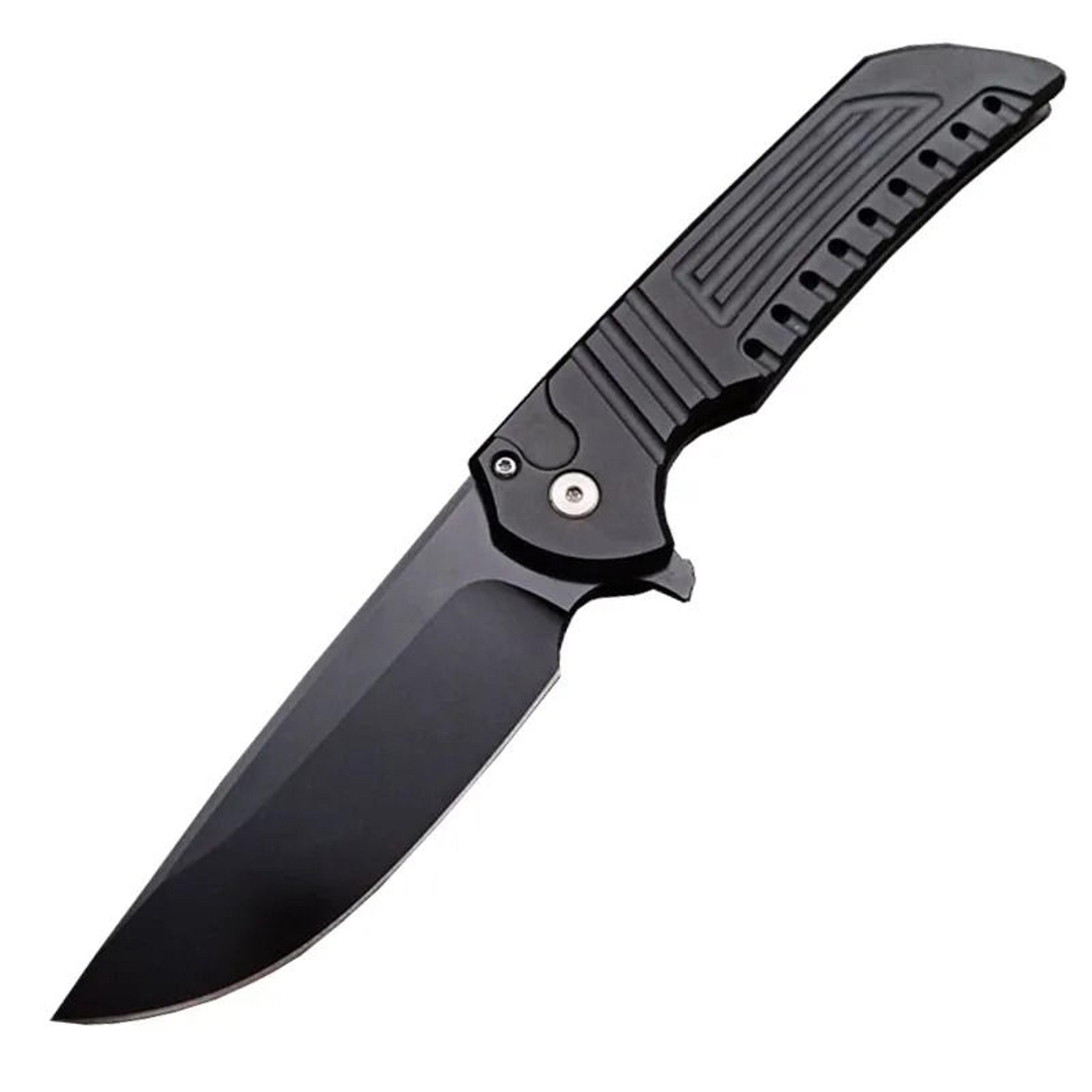 flipper folding knife with black blade and cnc aluminum handle