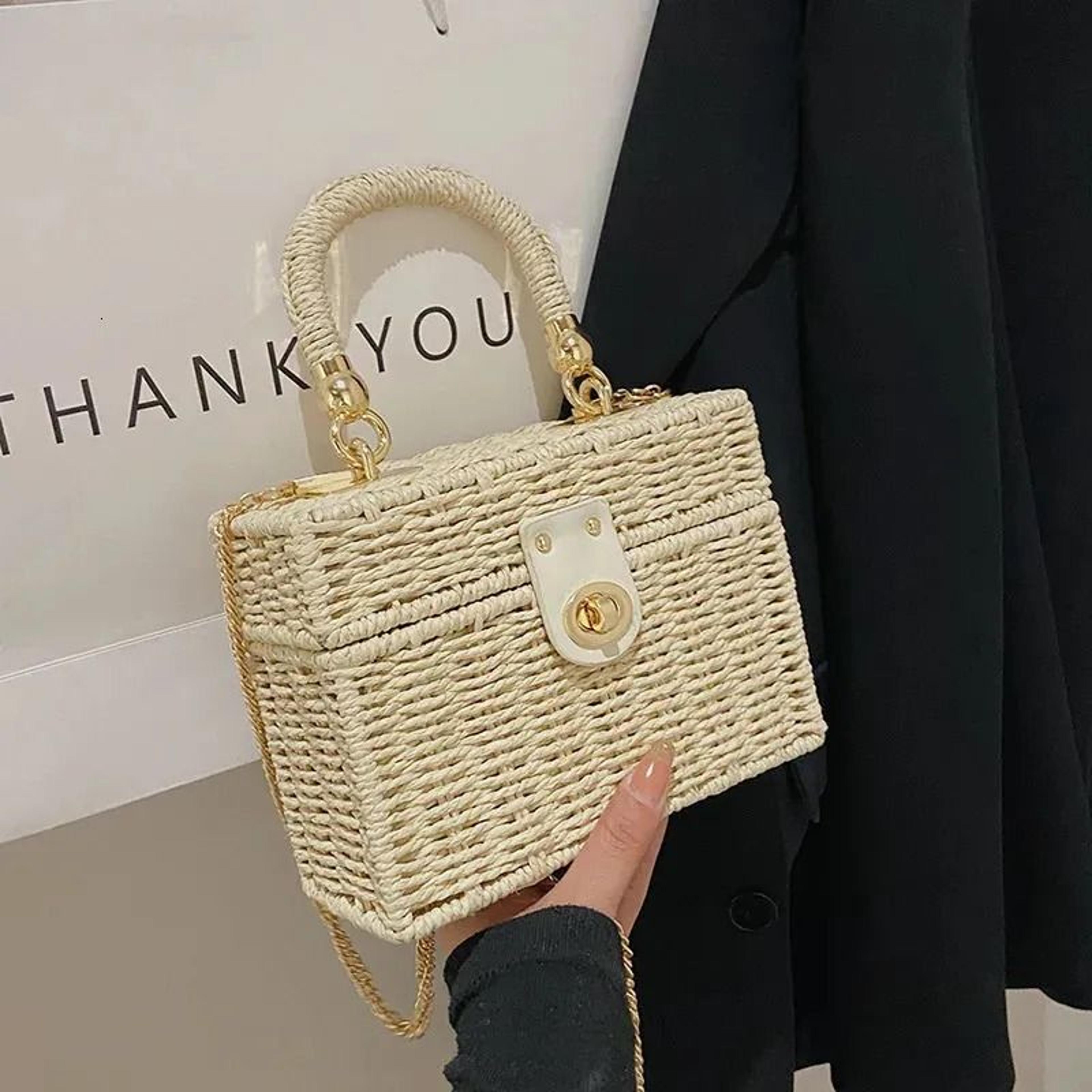 summer woven straw crossbody bag with chain strap for women