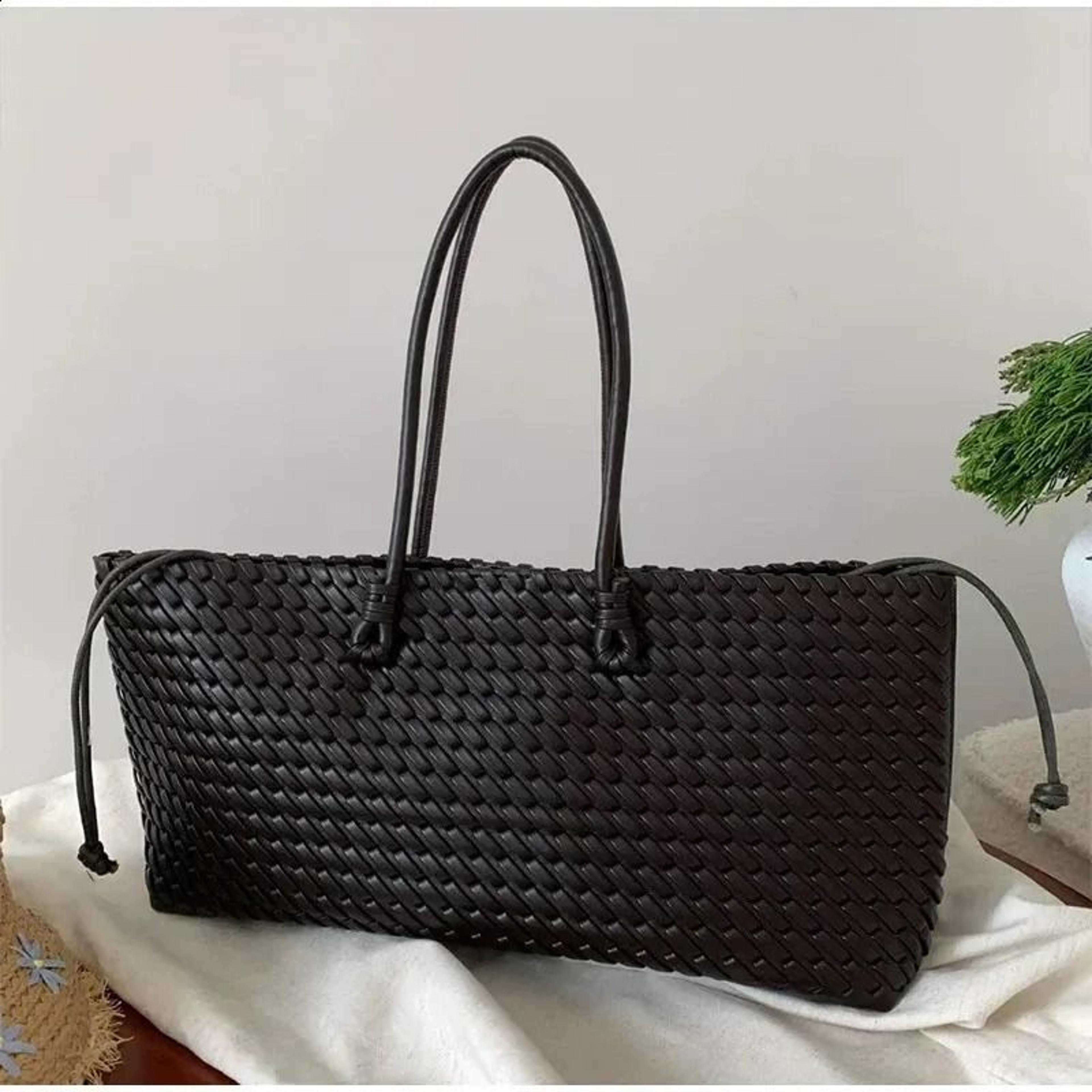 woven top handle tote bag with magnetic closure and interior pocket