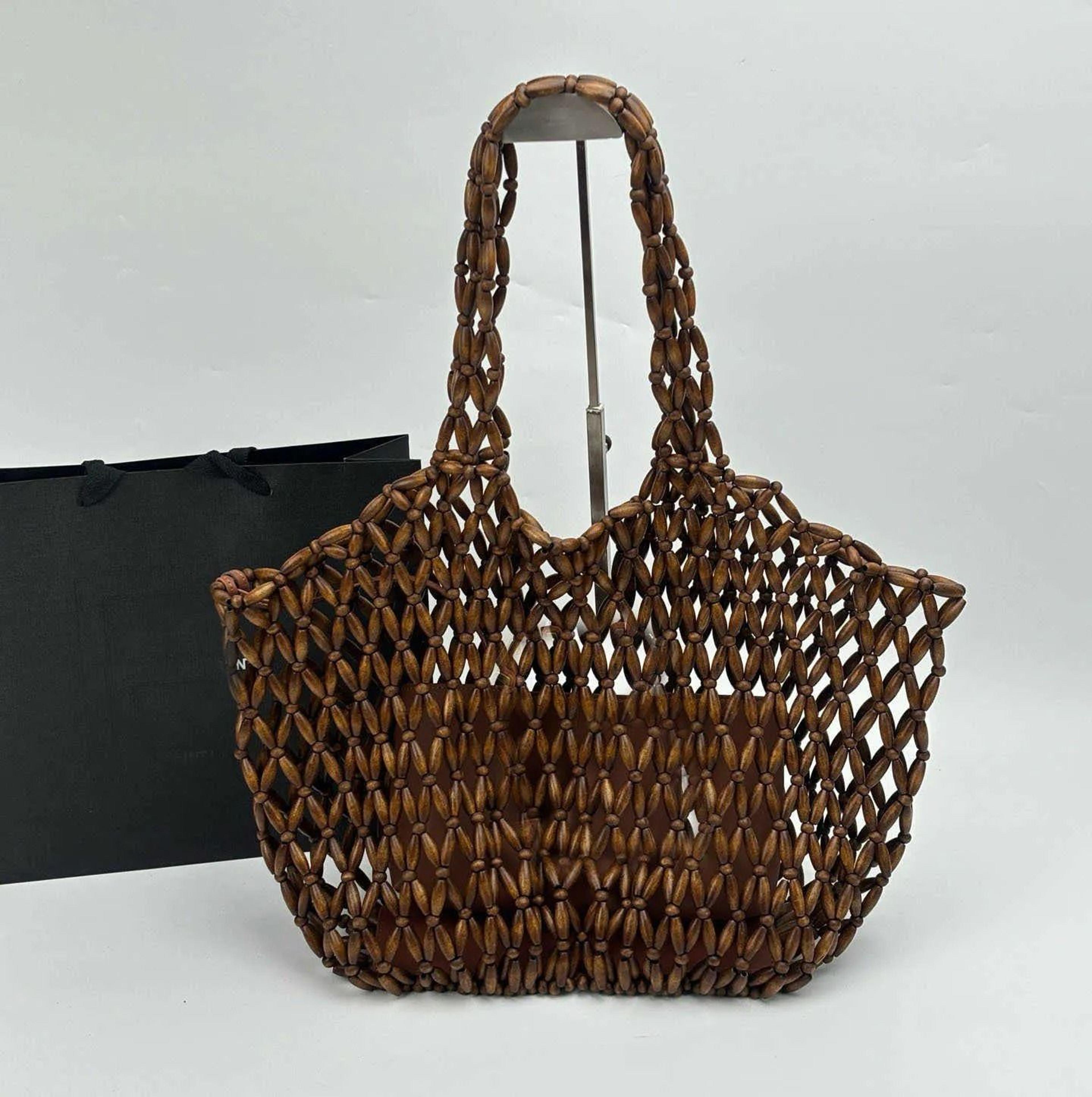 natural wood bead tote bag handwoven boho beach bag with matching wallet