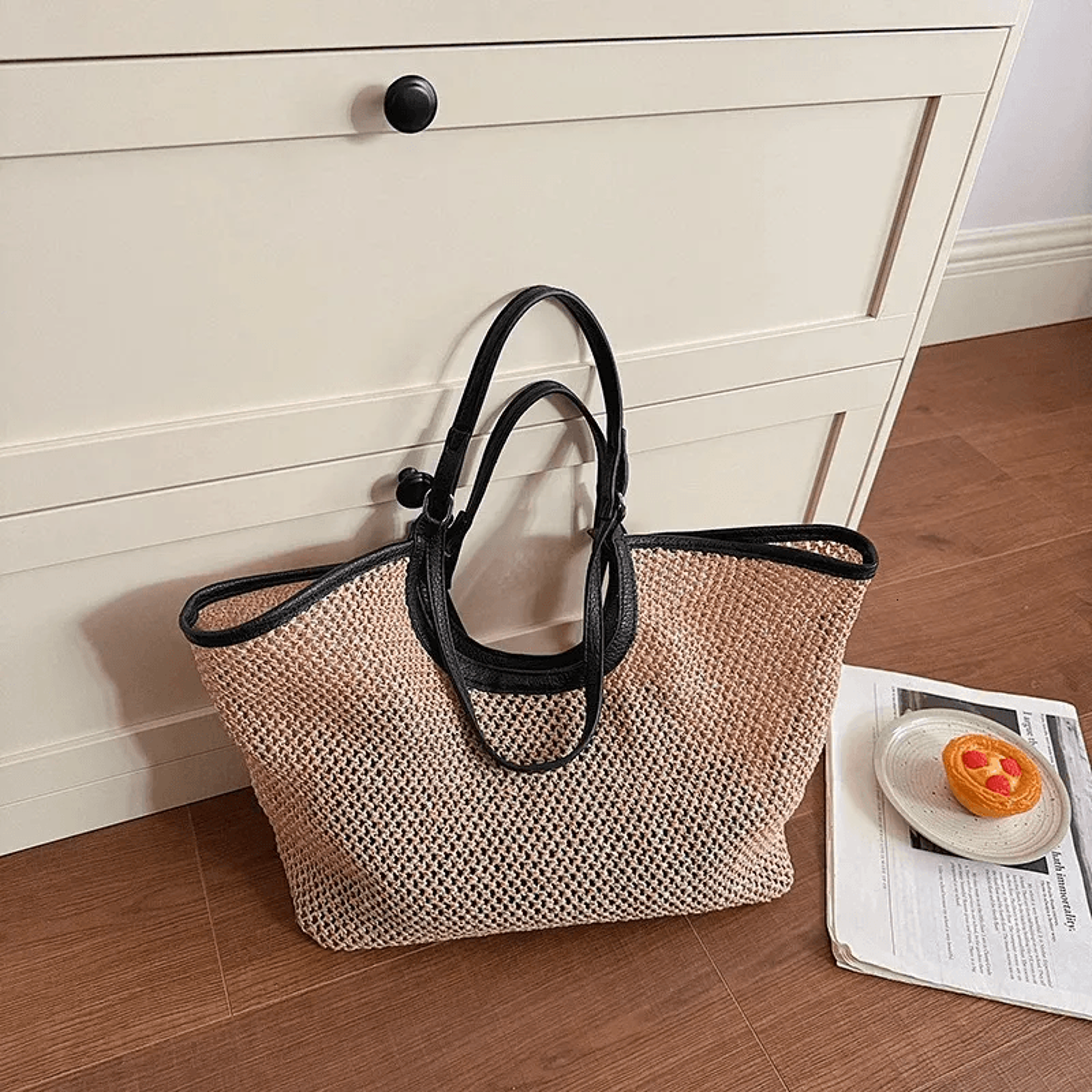 women straw tote bag large capacity woven shoulder bag with pu leather trim