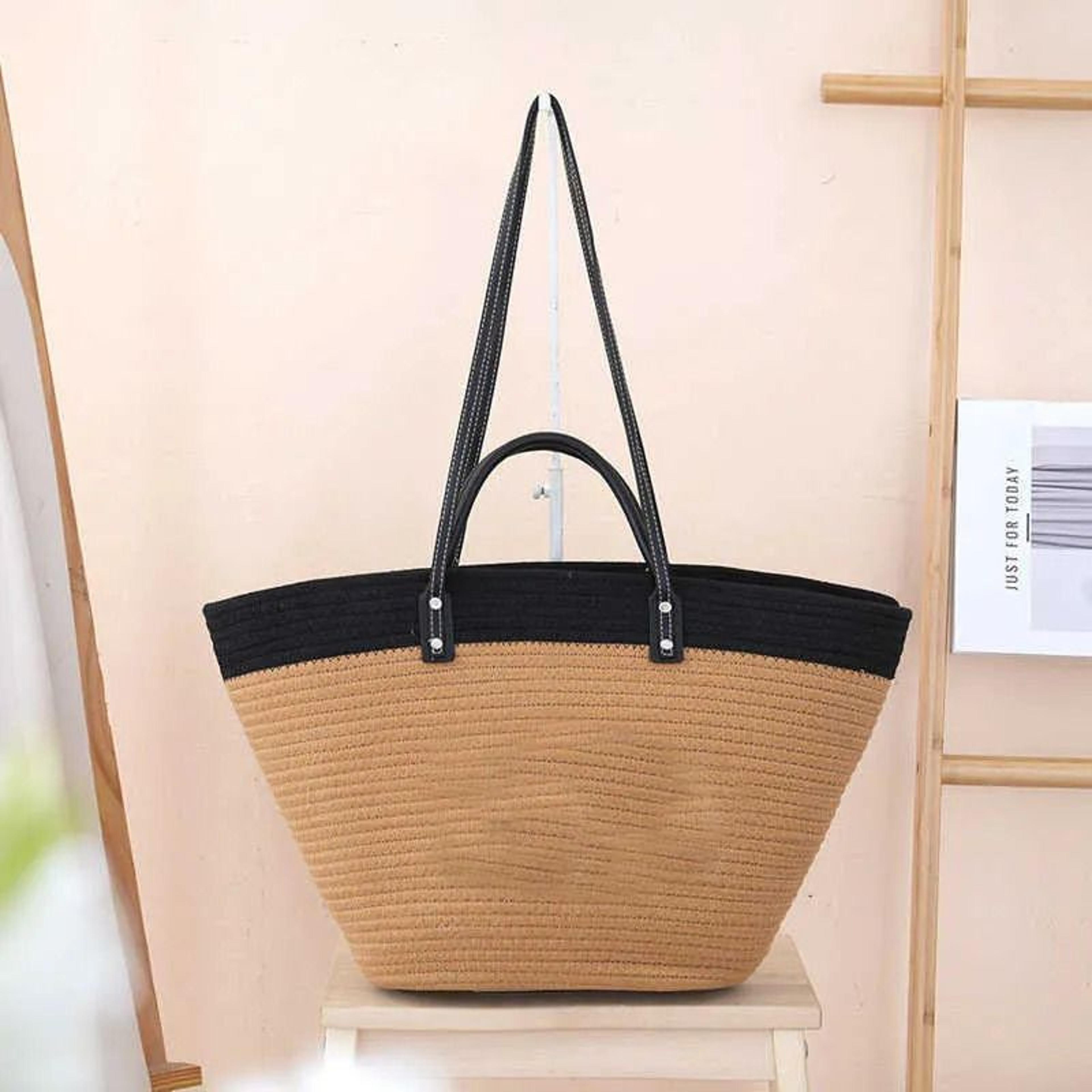 large capacity woven beach tote bag for women cotton rope vacation shoulder handbag