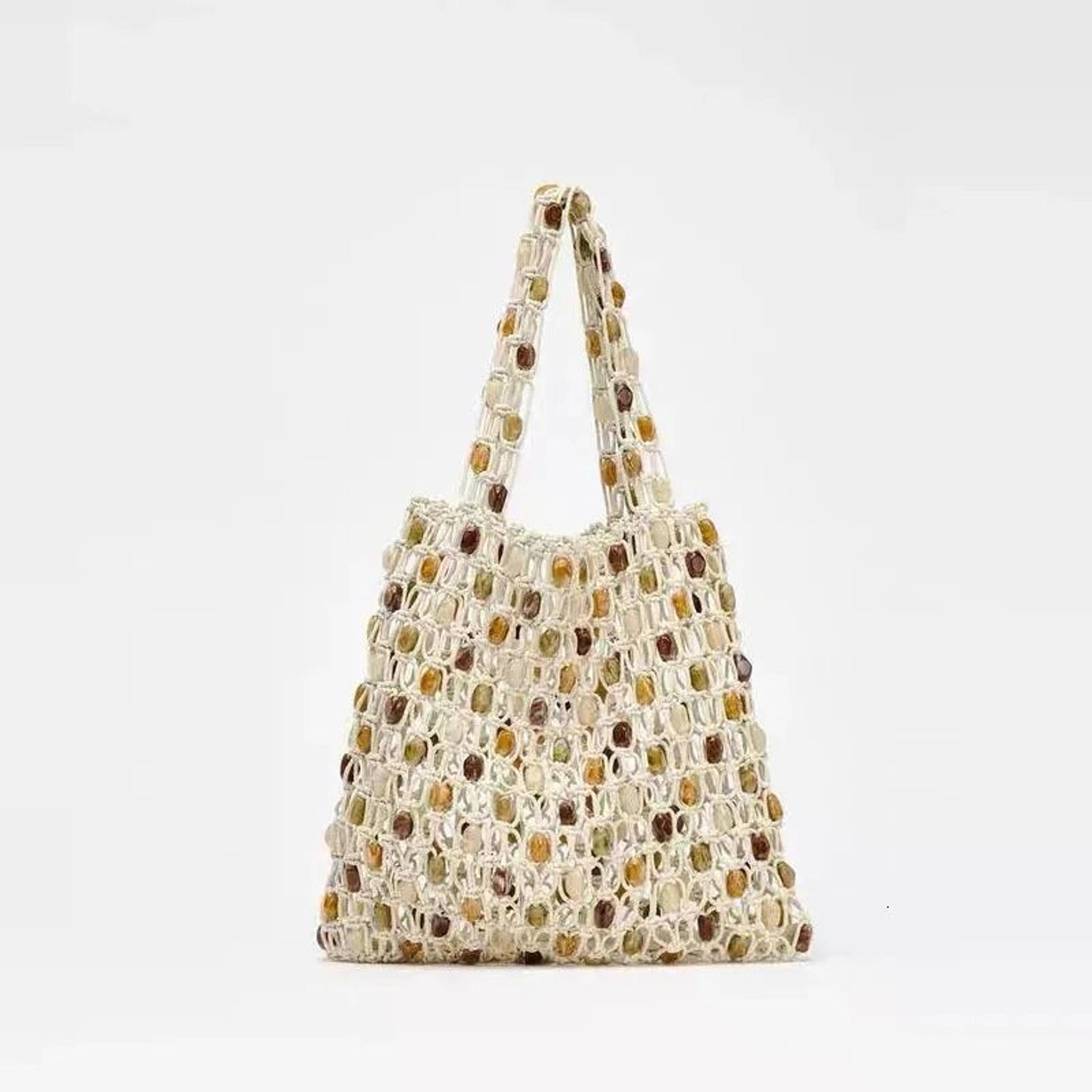 beaded crochet tote bag for women boho woven beach shoulder bag