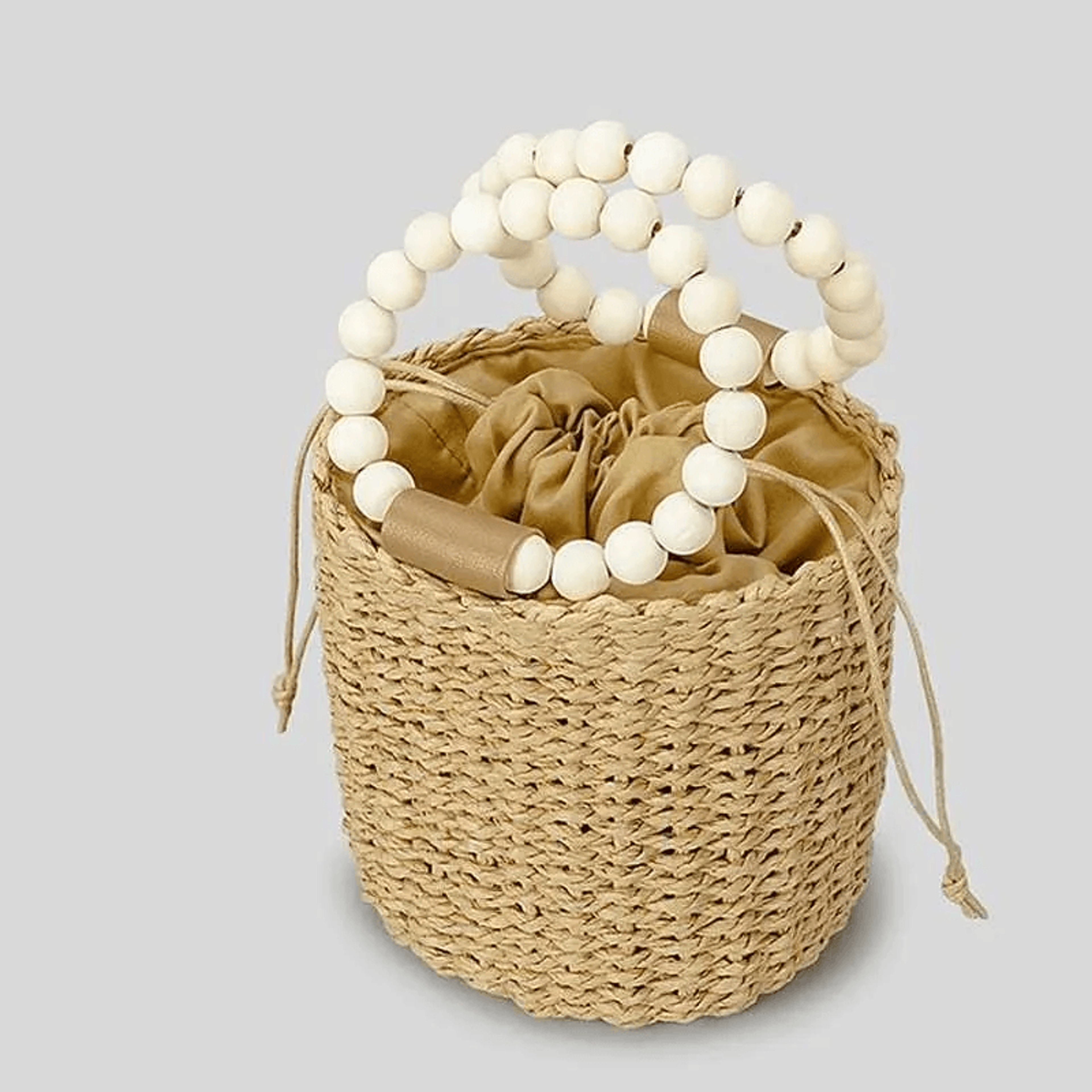 wooden beaded woven bucket bag summer beach tote for women