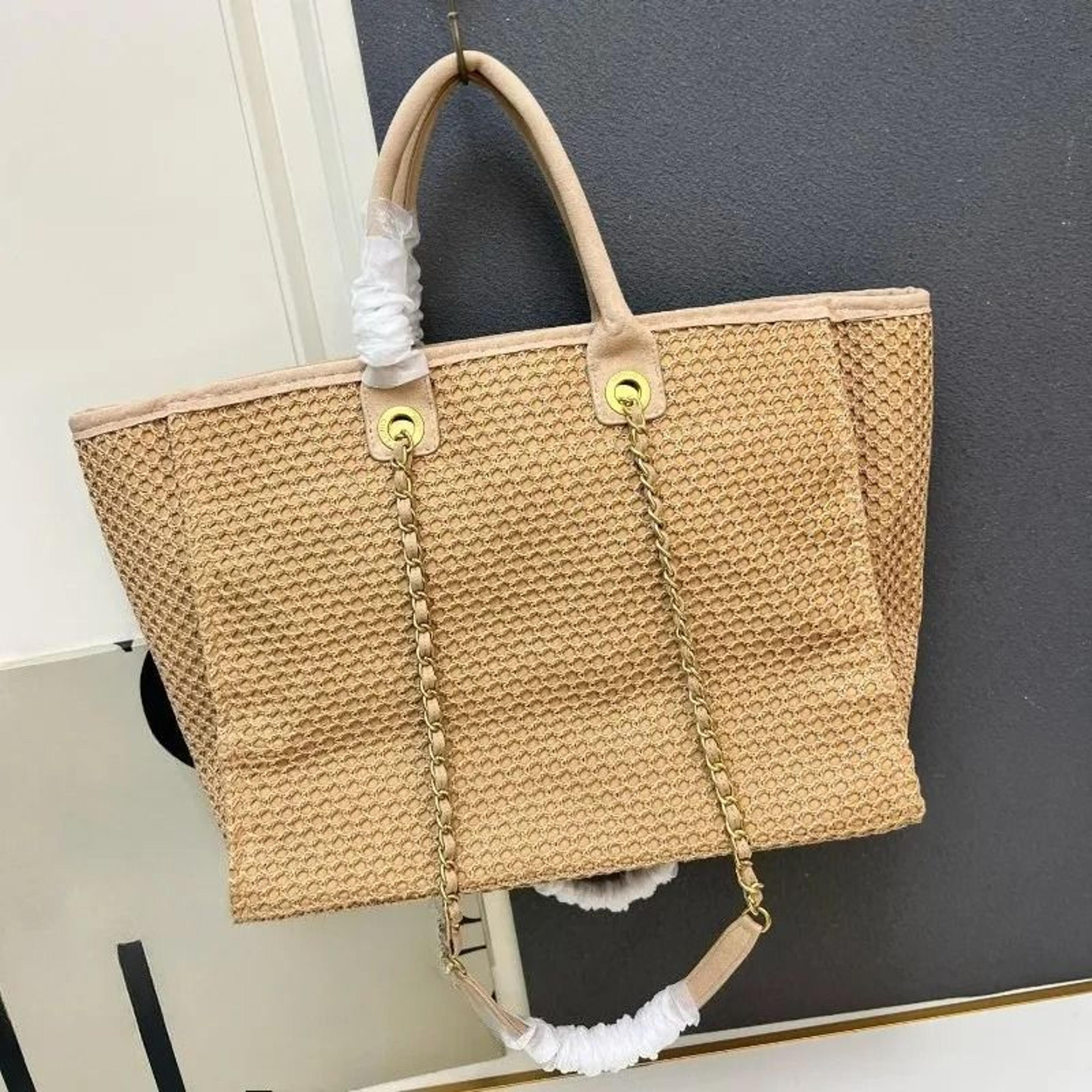 handmade woven beach tote with chain strap and inner purse