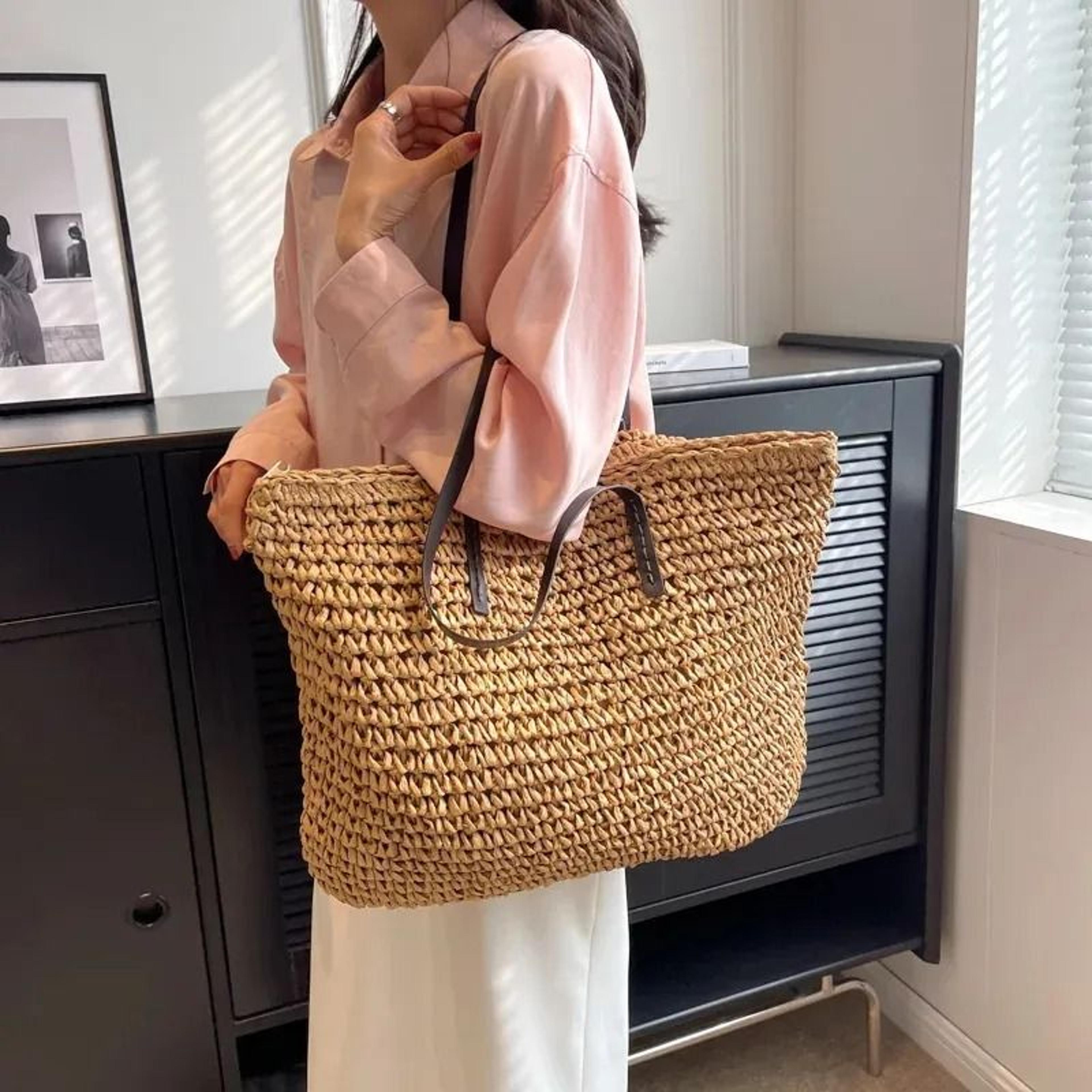 straw woven tote bag large capacity summer beach shoulder handbag for women