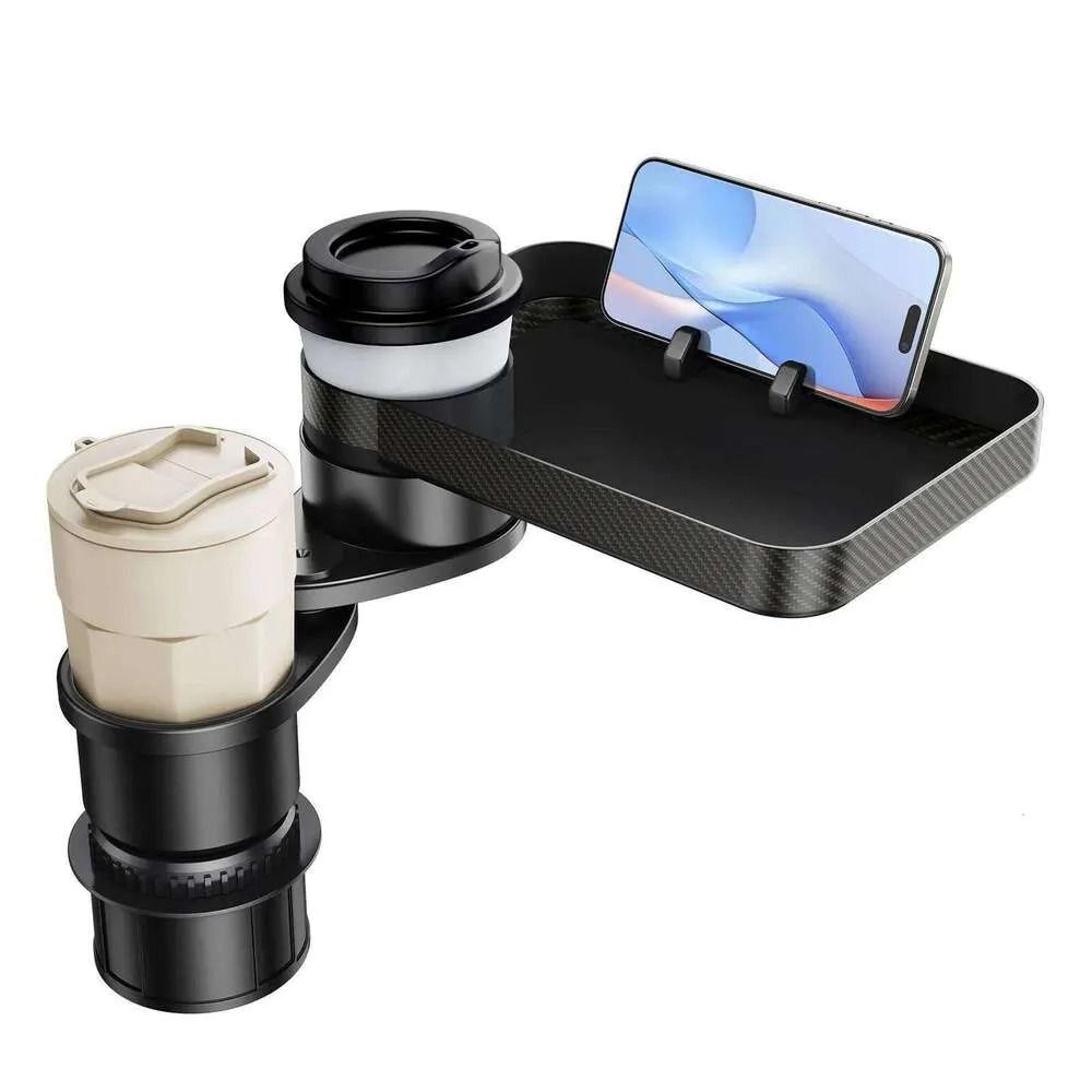 adjustable car cup holder expander with rotating food tray and phone holder
