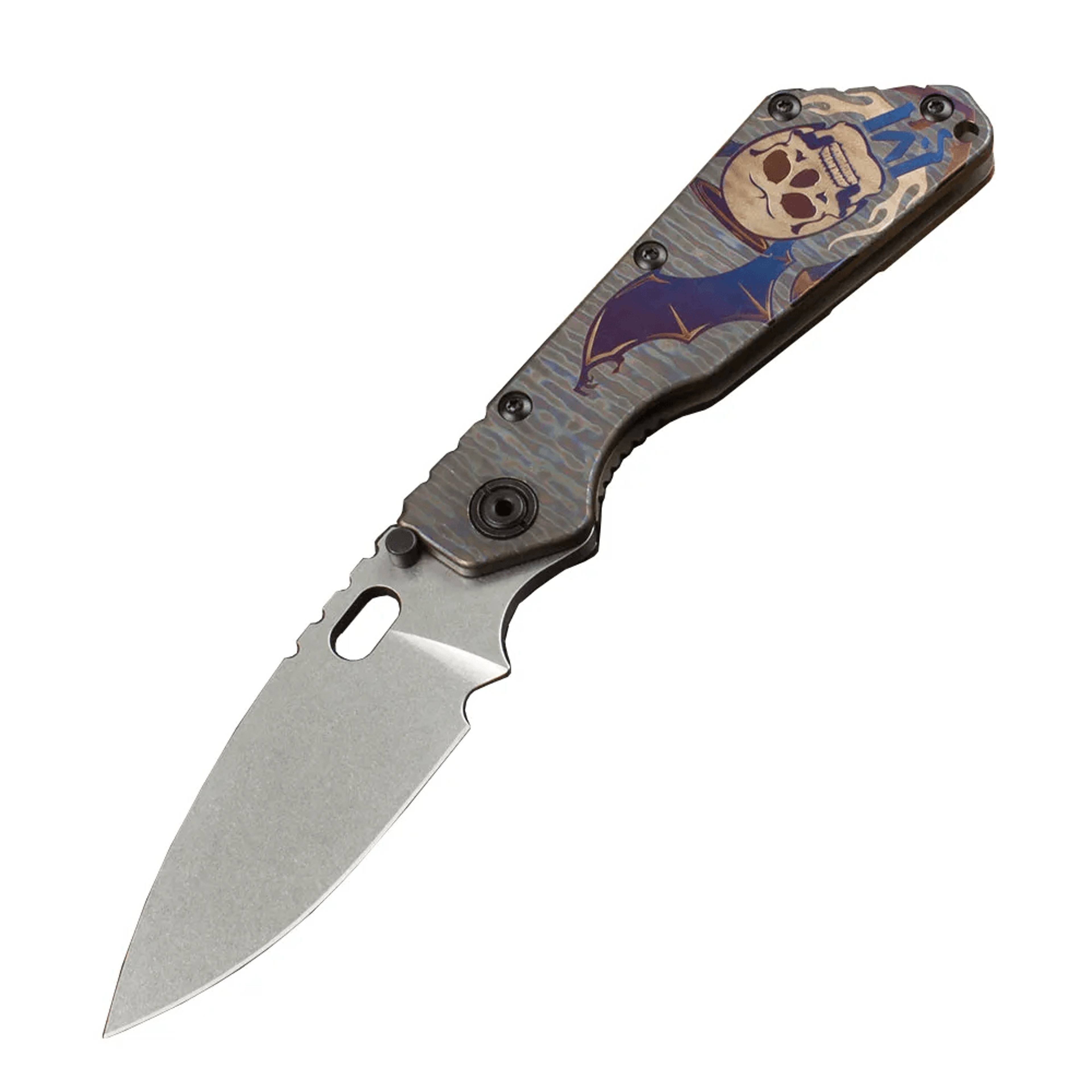 smf steel folding knife with stonewashed blade and titanium handle