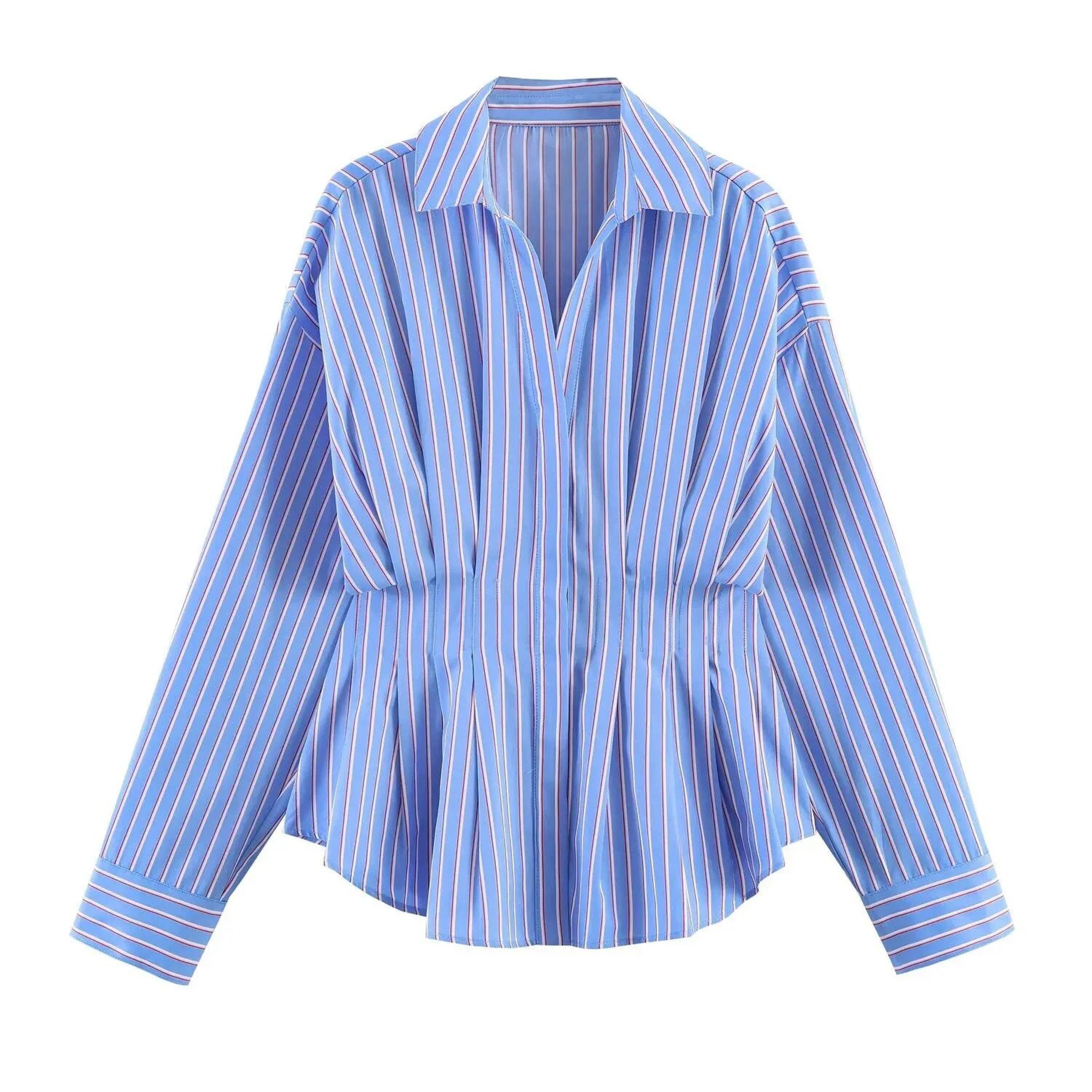women striped poplin shirt pleated waist long sleeve button down top