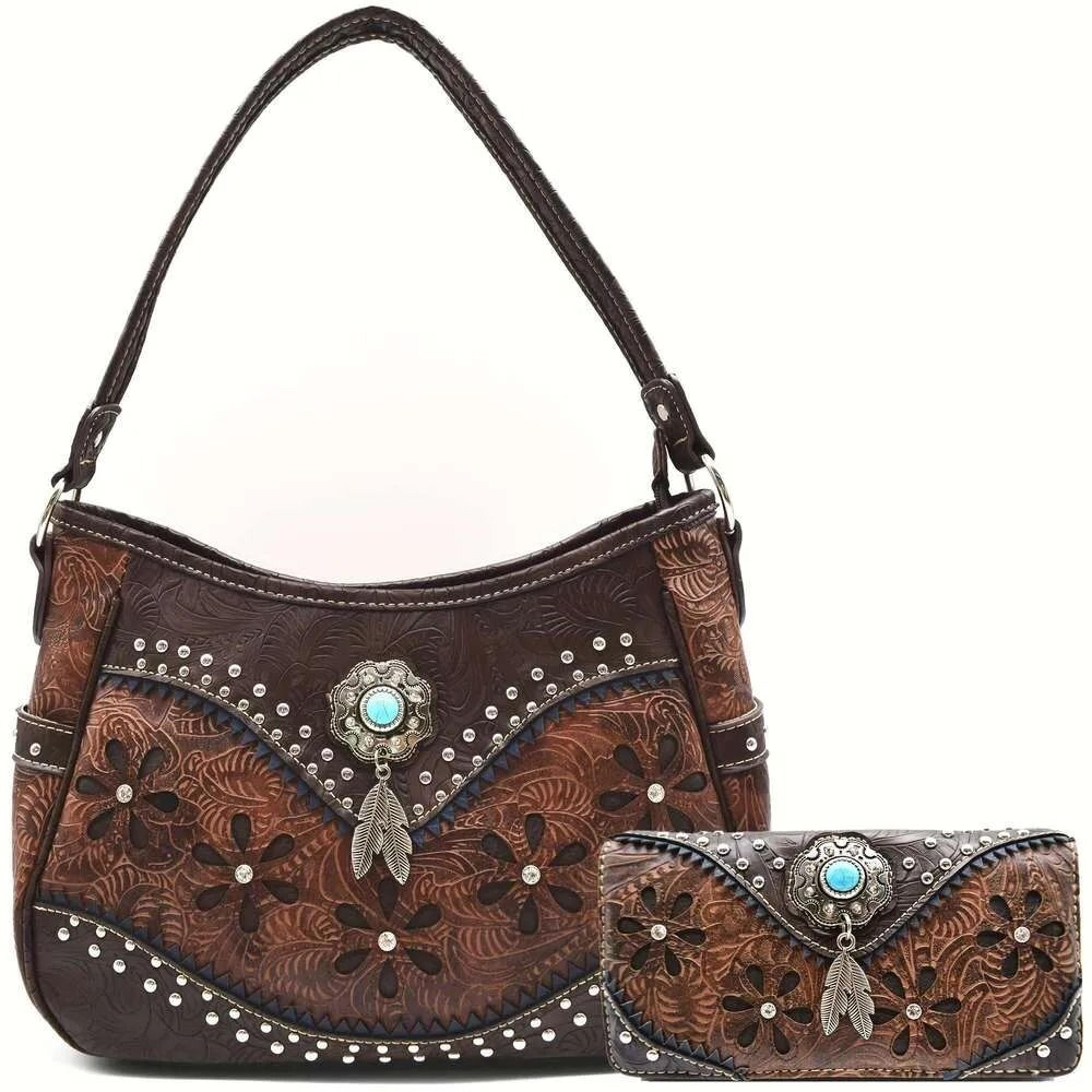 western shoulder bag and trifold wallet set tooled floral cowgirl handbag